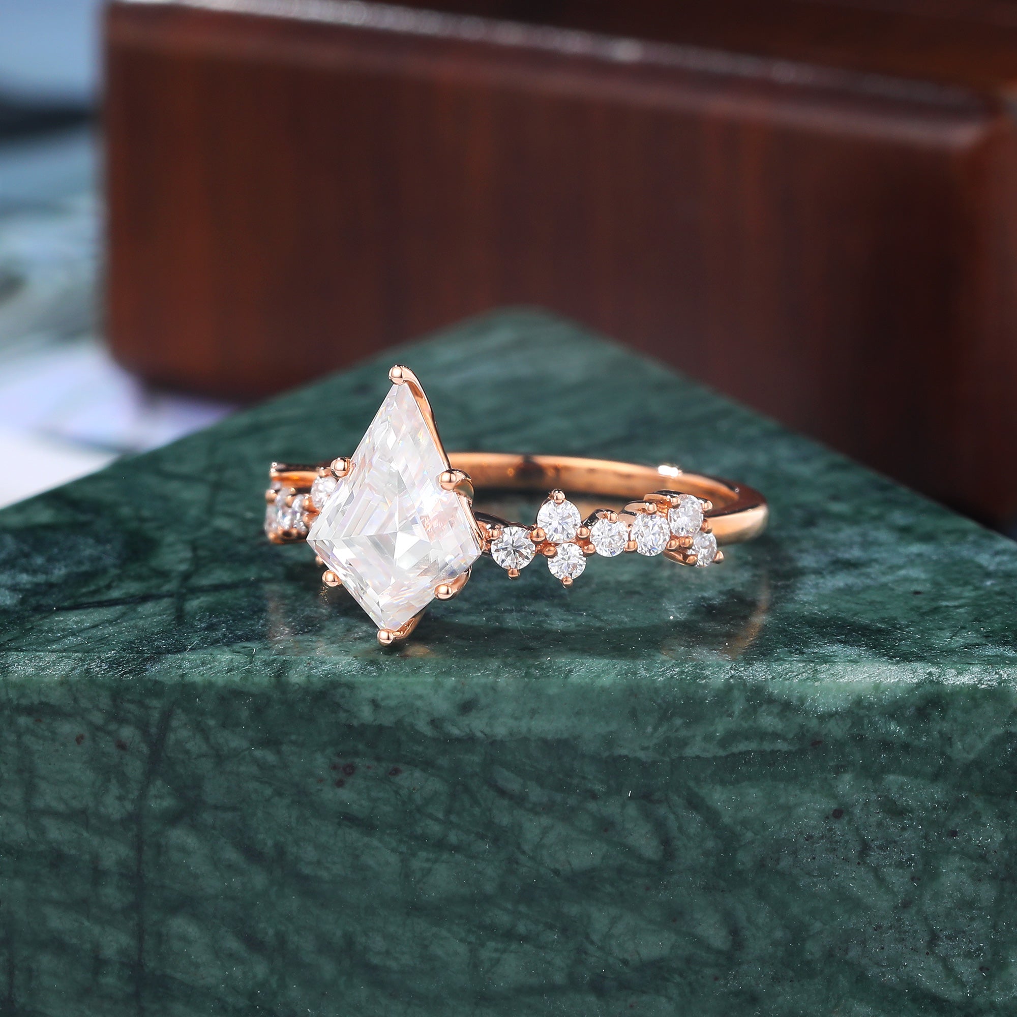 Kite cut moissanite rose gold engagement Ring.