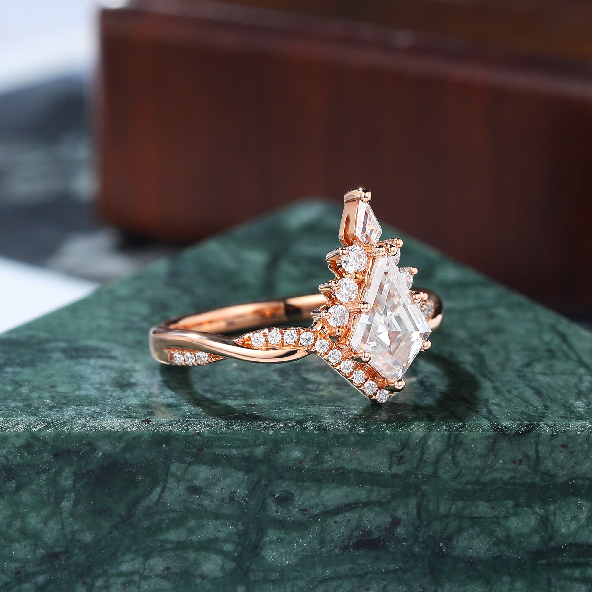 Kite cut moissanite rose gold engagement Ring.
