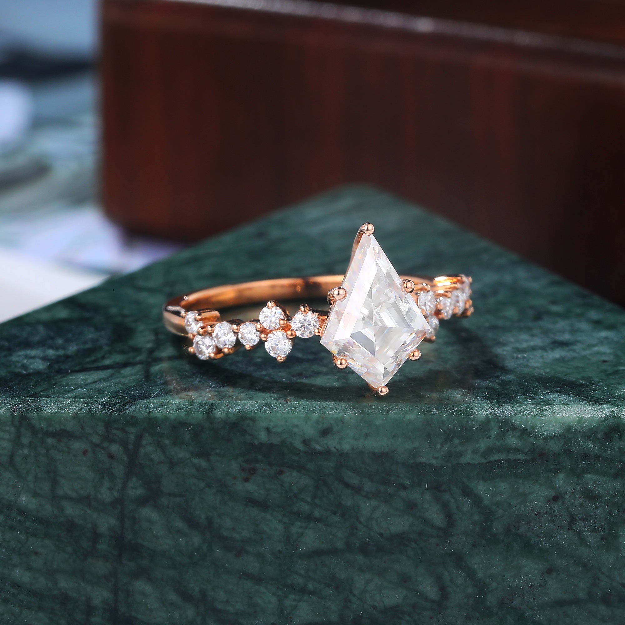 Kite cut moissanite rose gold engagement Ring.