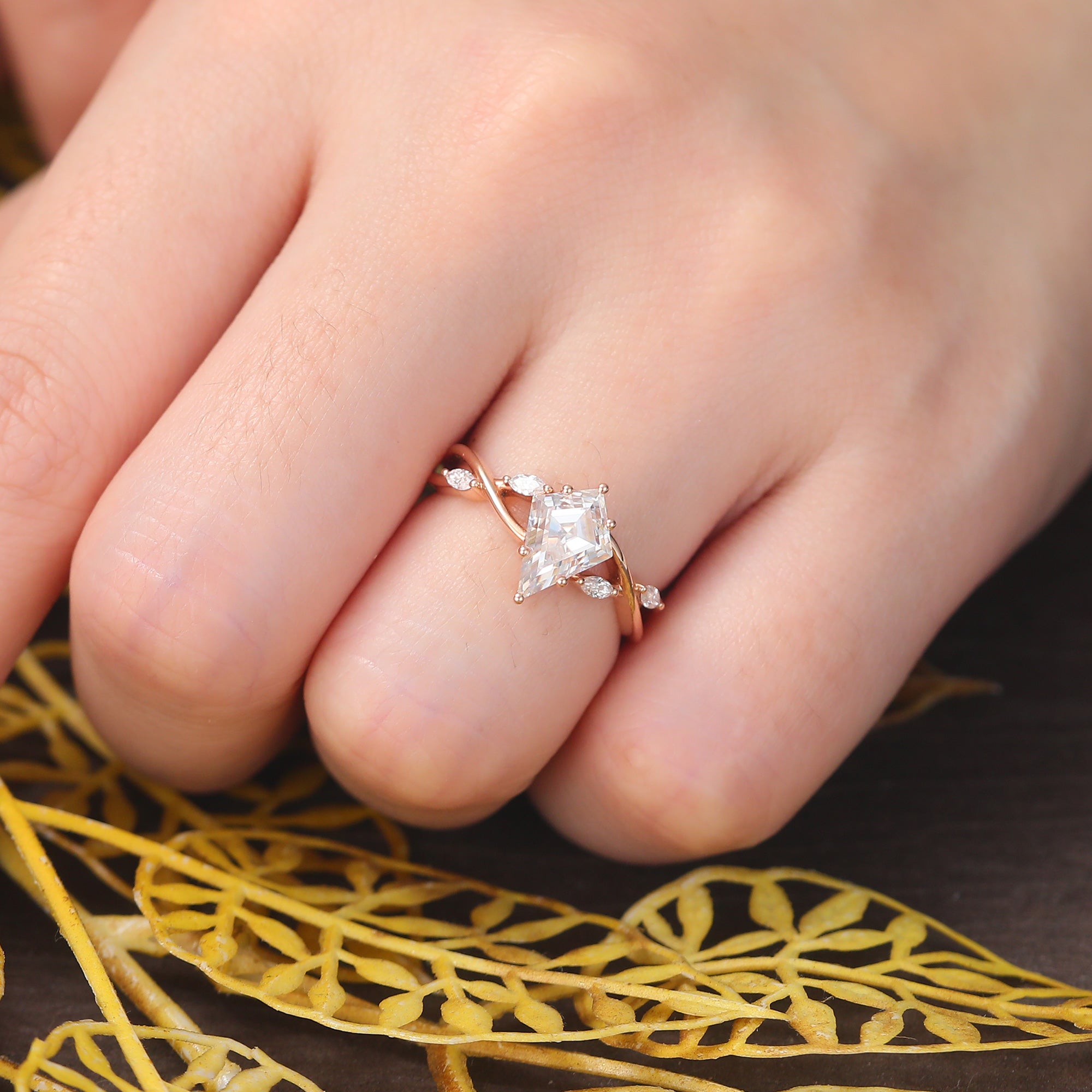 Kite cut moissanite rose gold engagement Ring.  S925/10k/14k/18k.