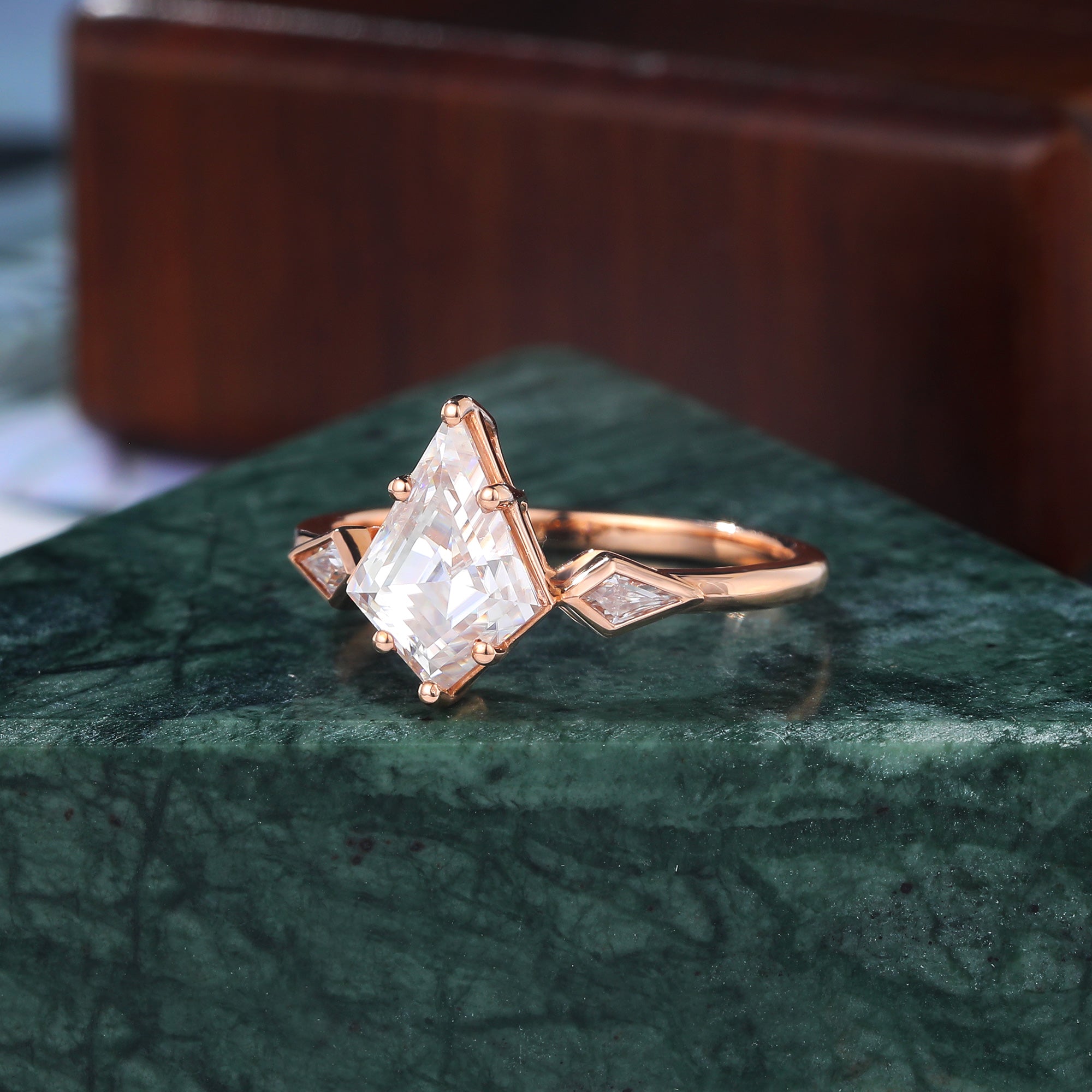 Kite cut moissanite rose gold engagement Ring.