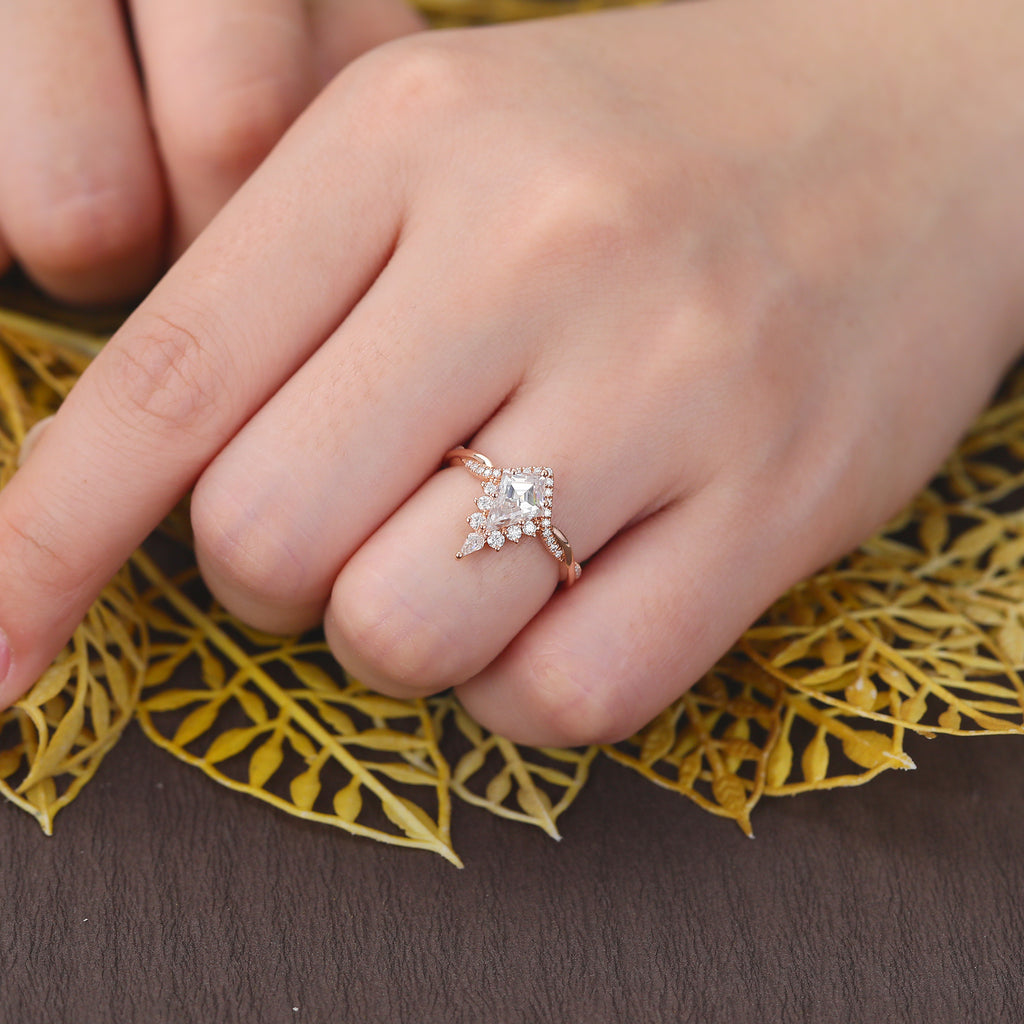Kite cut moissanite rose gold engagement Ring.