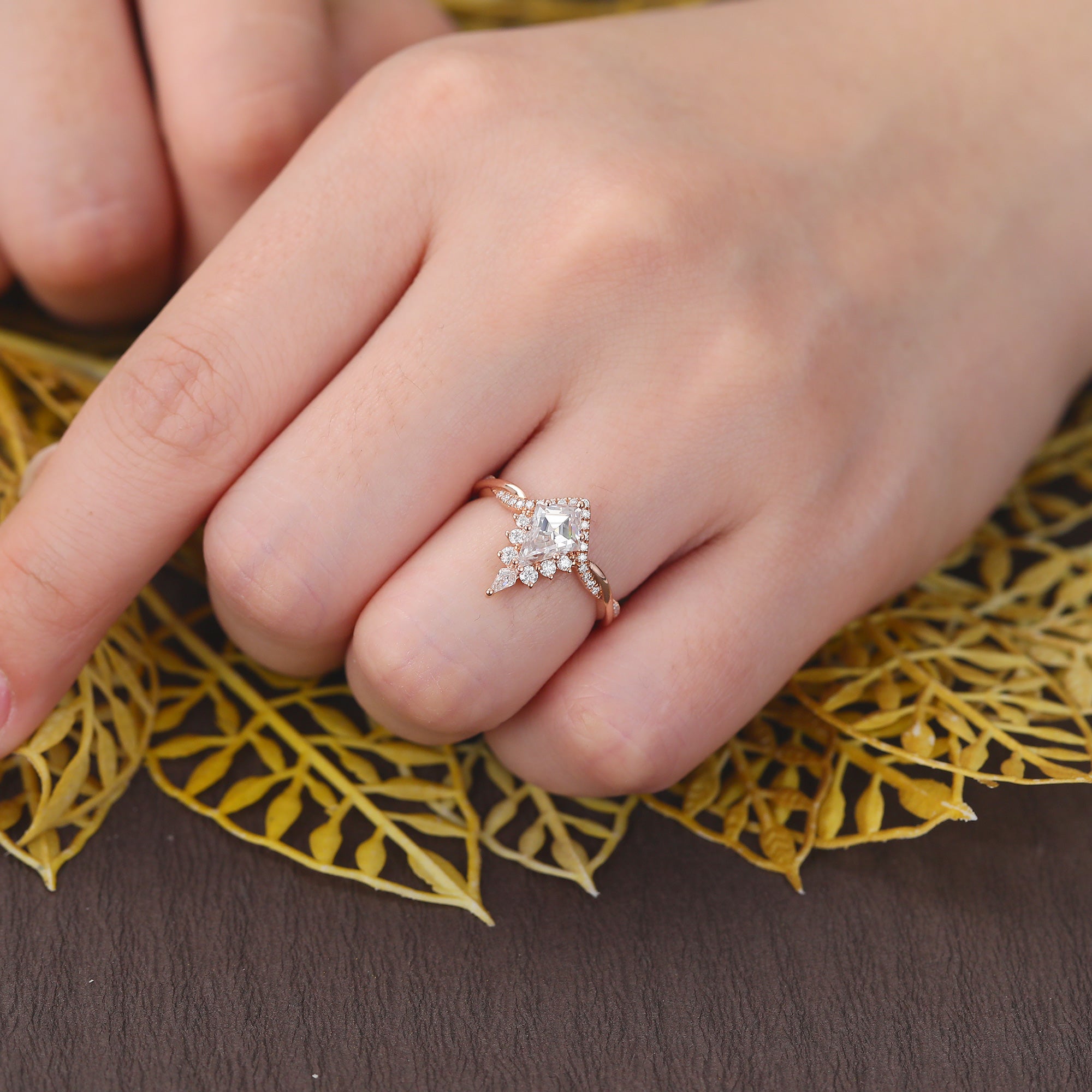 Kite cut moissanite rose gold engagement Ring.