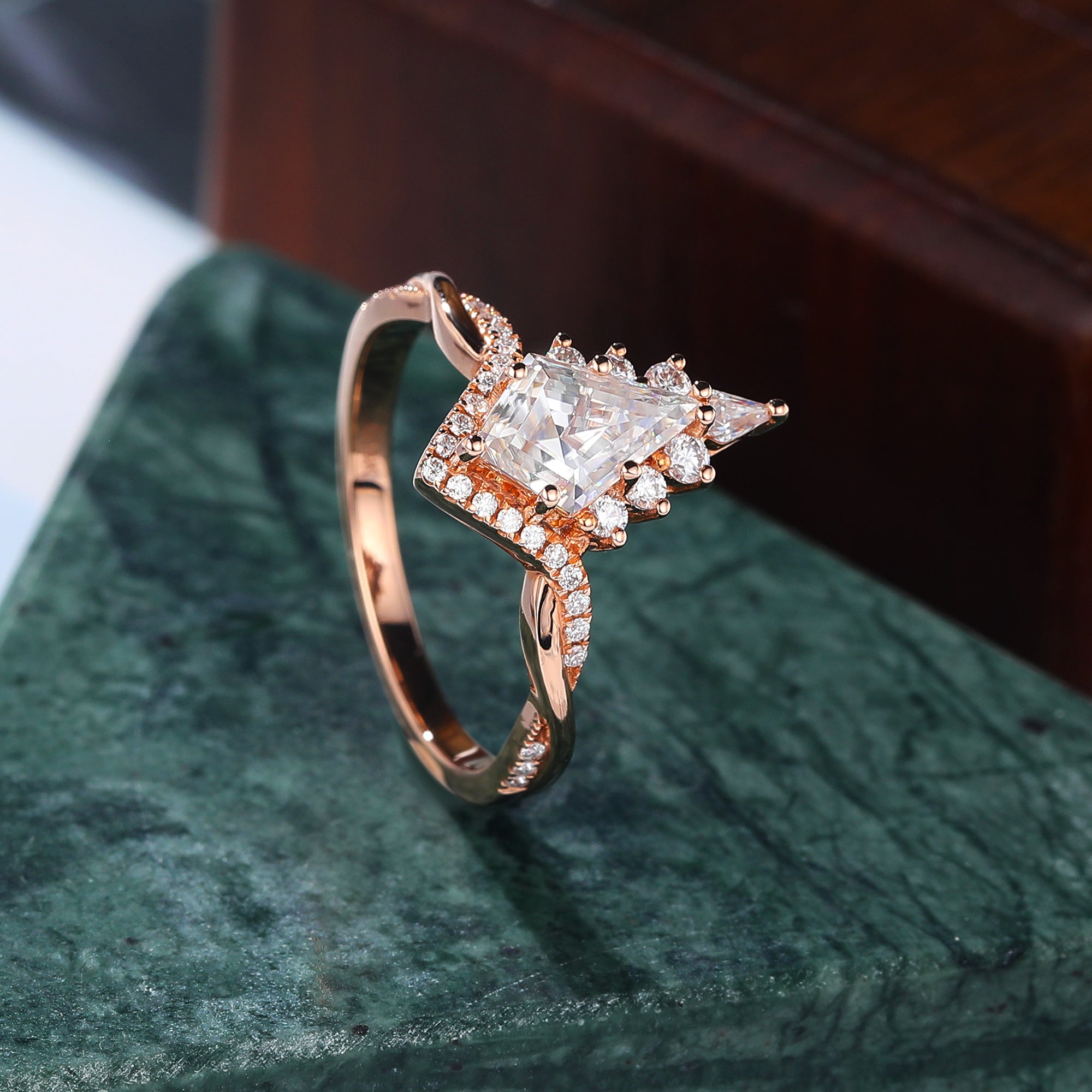 Kite cut moissanite rose gold engagement Ring.
