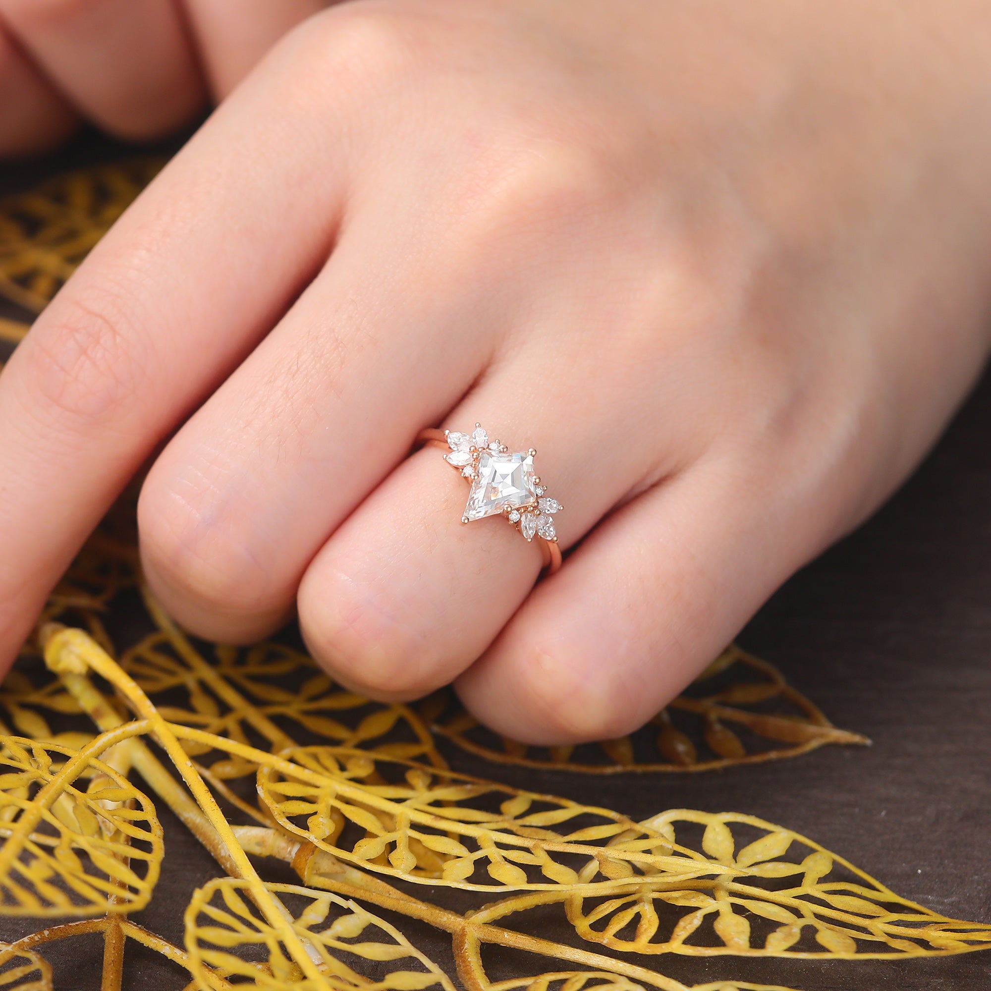 Kite cut moissanite rose gold engagement Ring.  S925/10k/14k/18k.