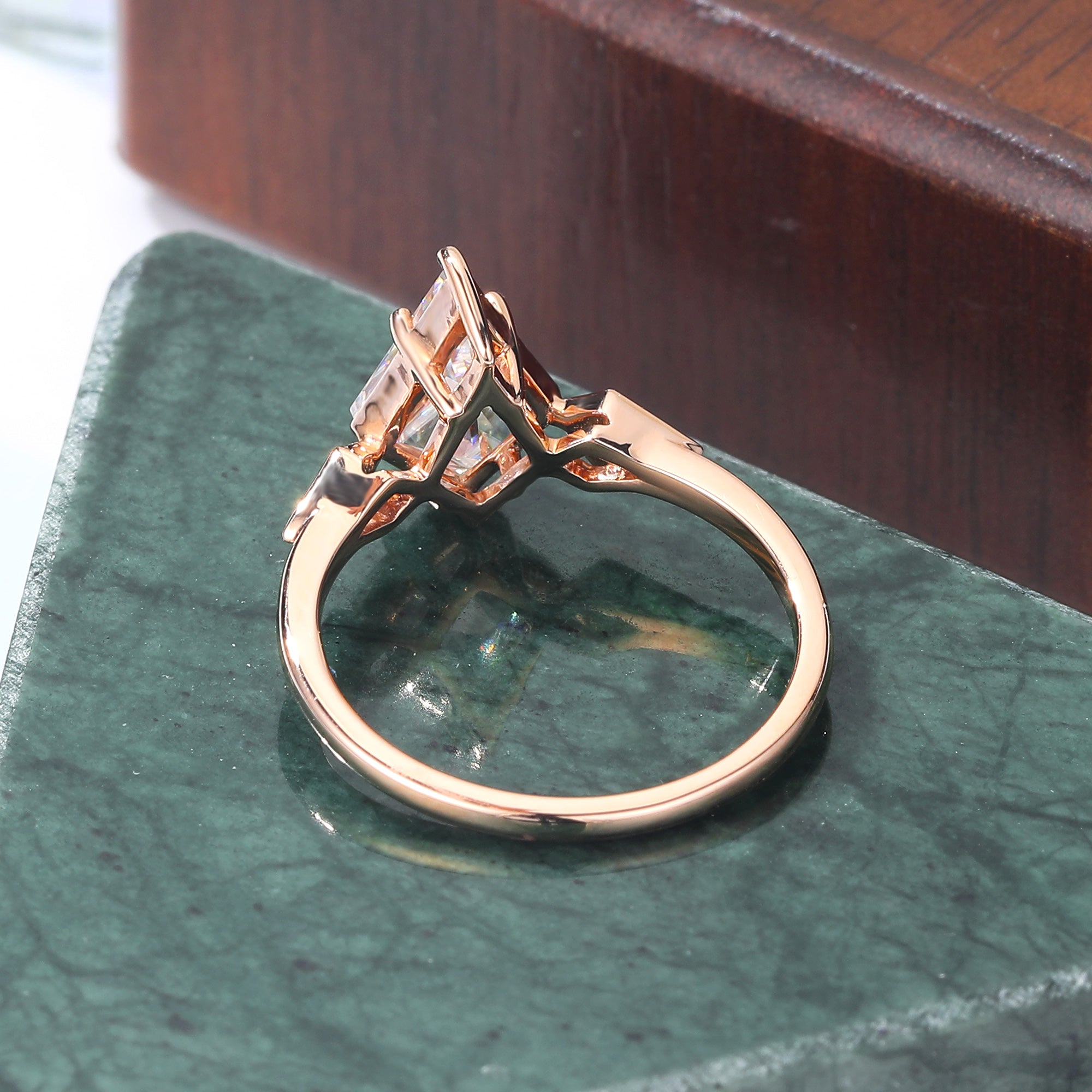 Kite cut moissanite rose gold engagement Ring.