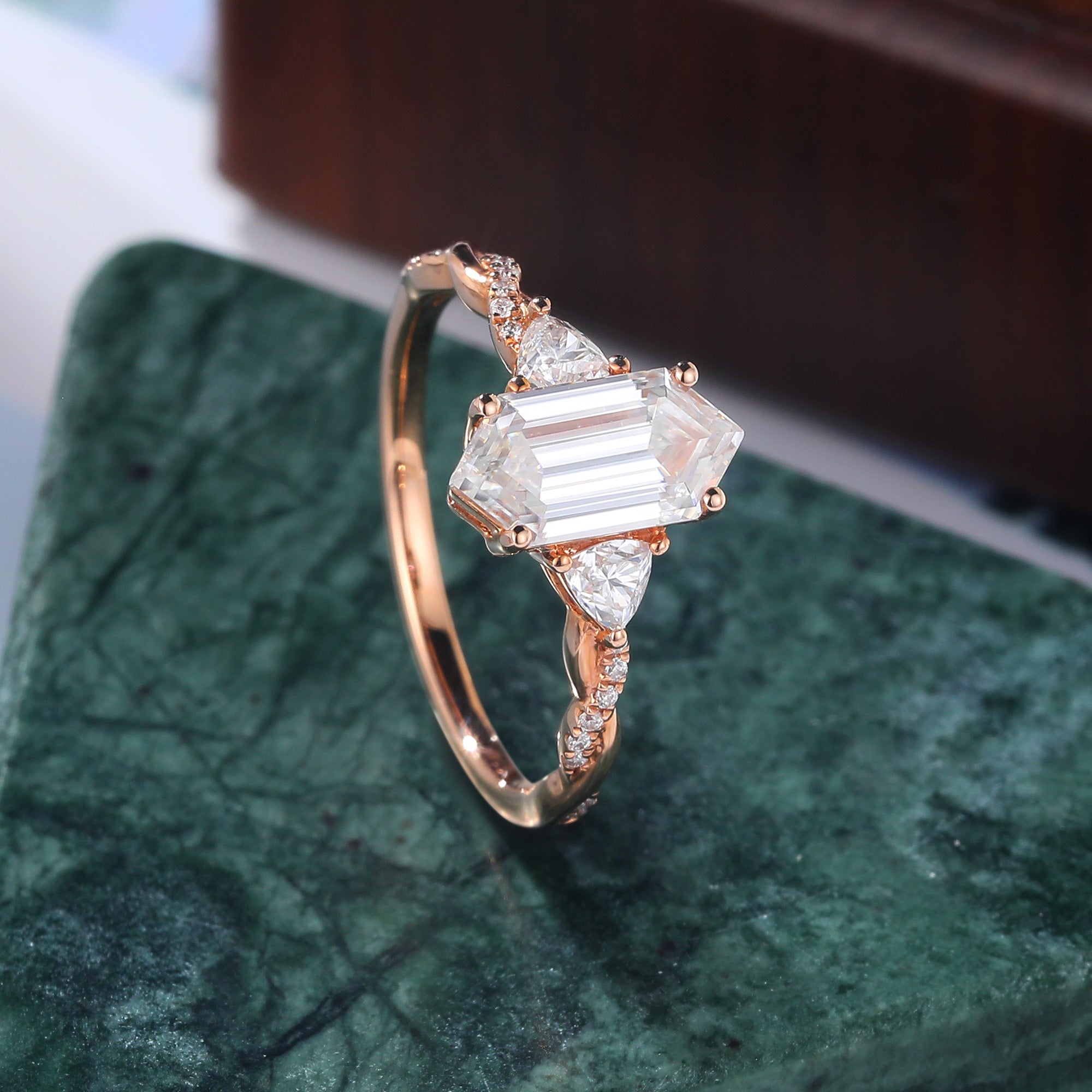 Long Hexagon cut moissanite rose gold engagement Ring. Unique bridal ring  S925/10k/14k/18k