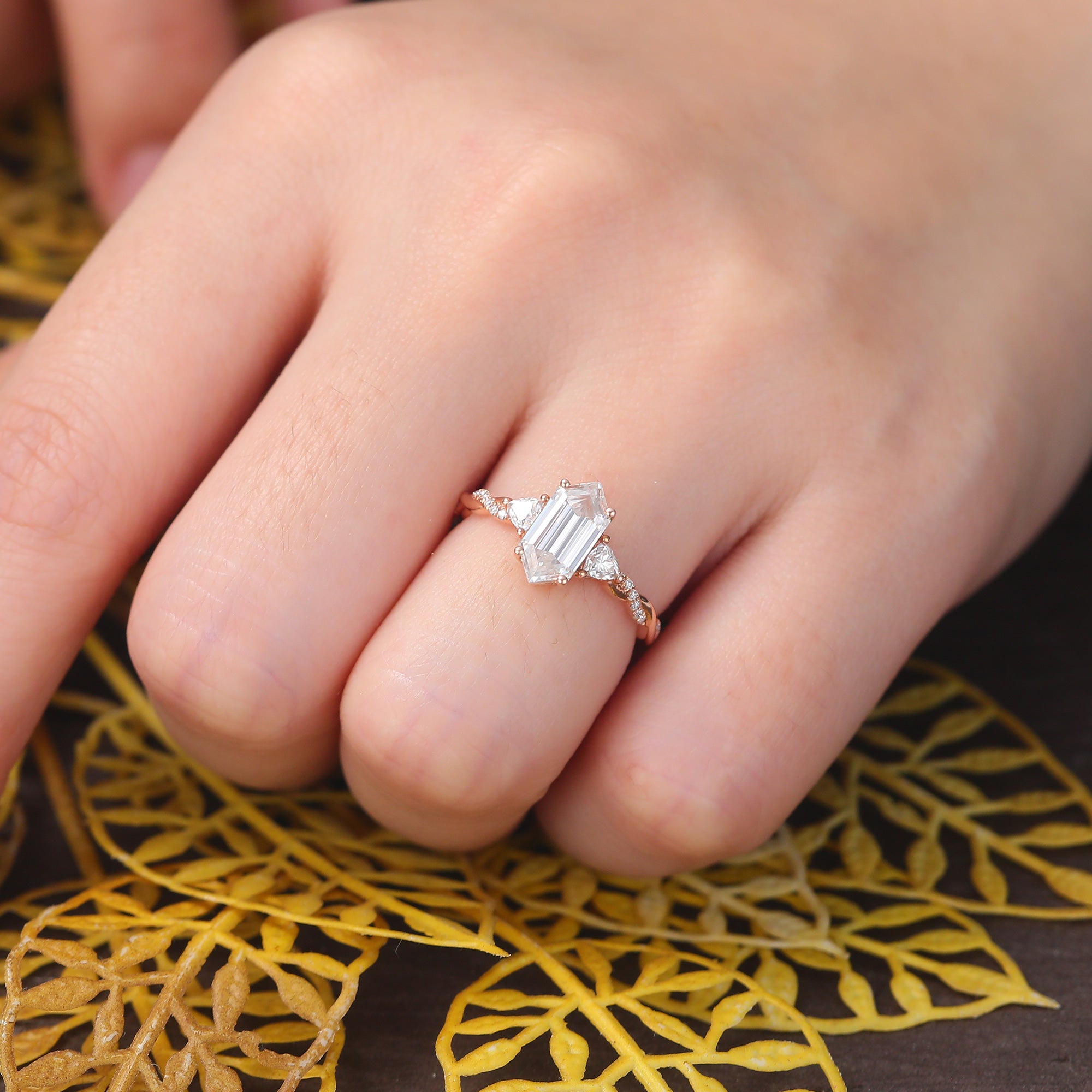 Long Hexagon cut moissanite rose gold engagement Ring. Unique bridal ring  S925/10k/14k/18k