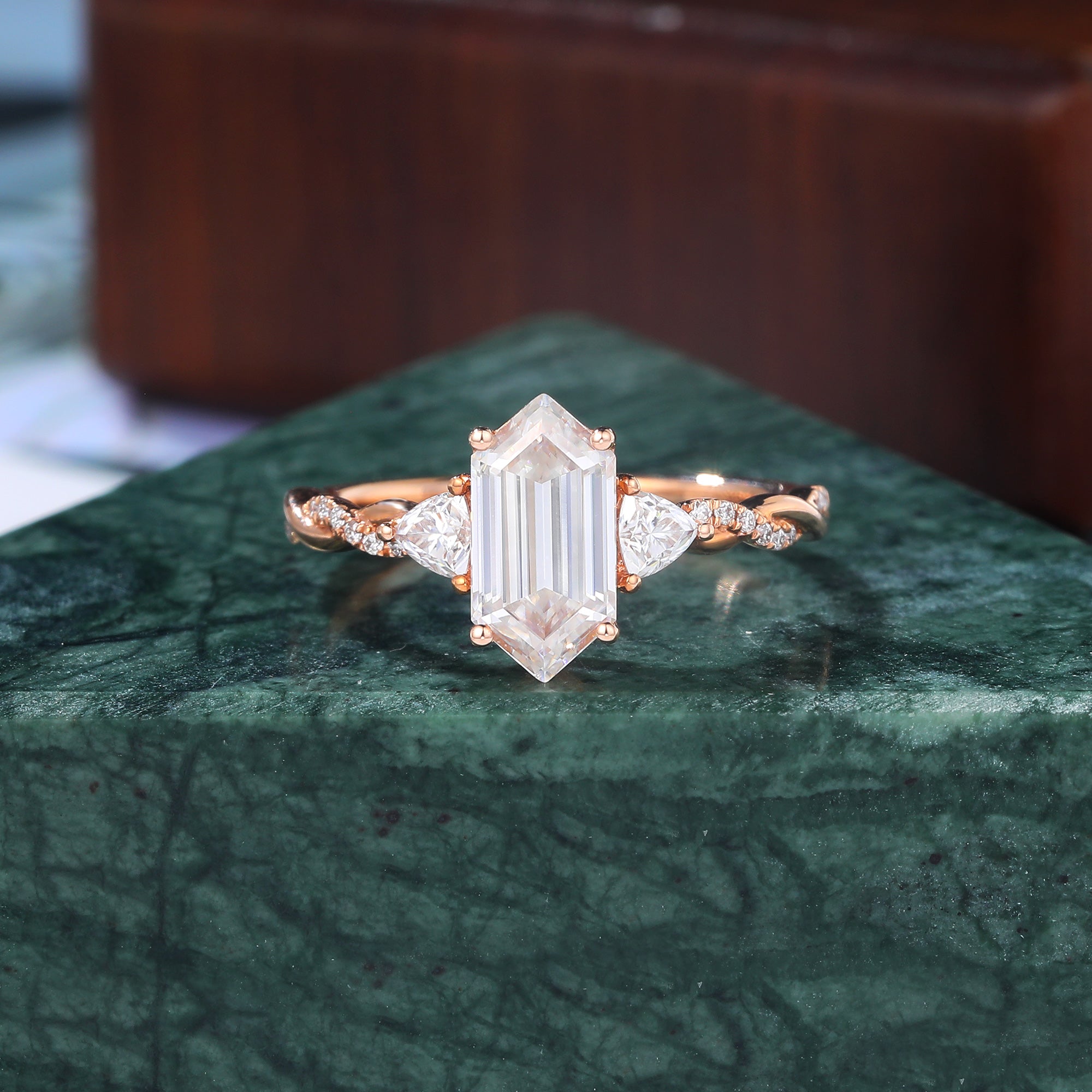 Long Hexagon cut moissanite rose gold engagement Ring. Unique bridal ring  S925/10k/14k/18k