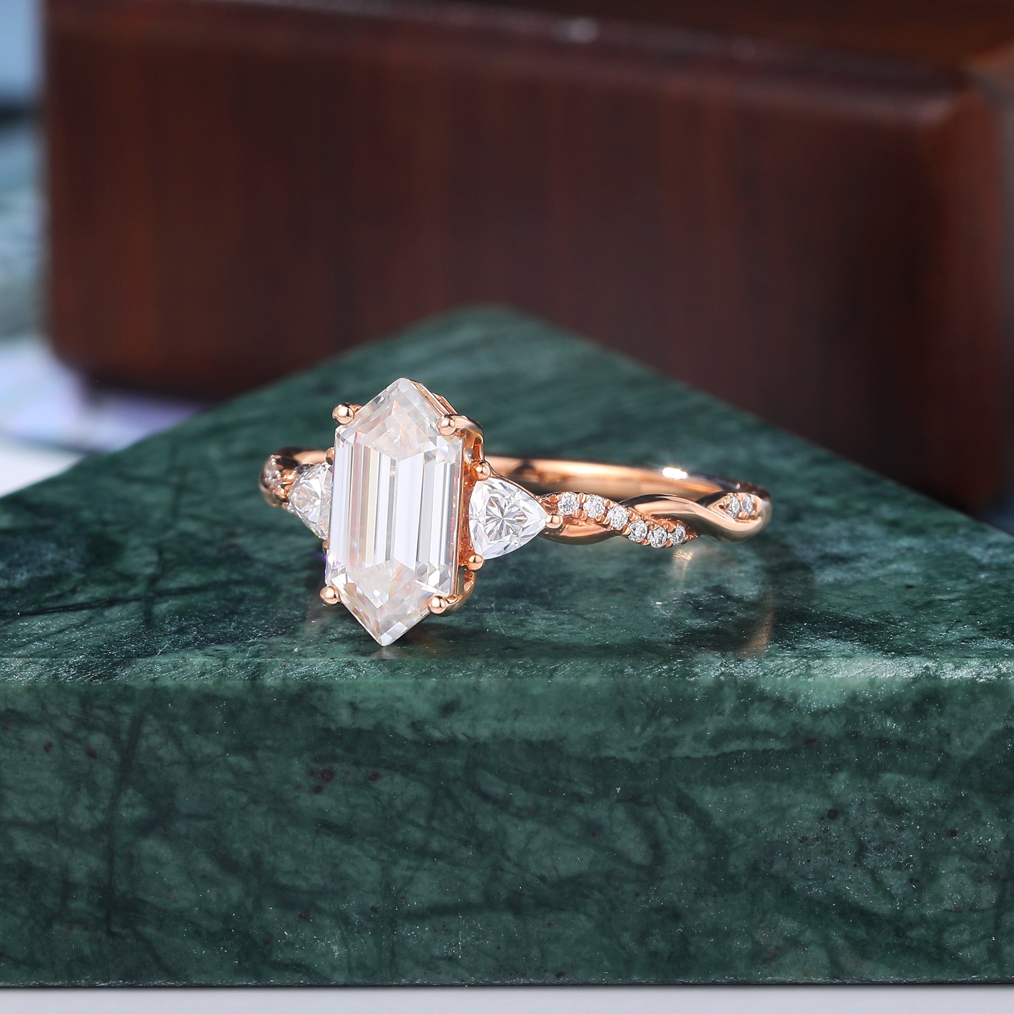 Long Hexagon cut moissanite rose gold engagement Ring. Unique bridal ring  S925/10k/14k/18k