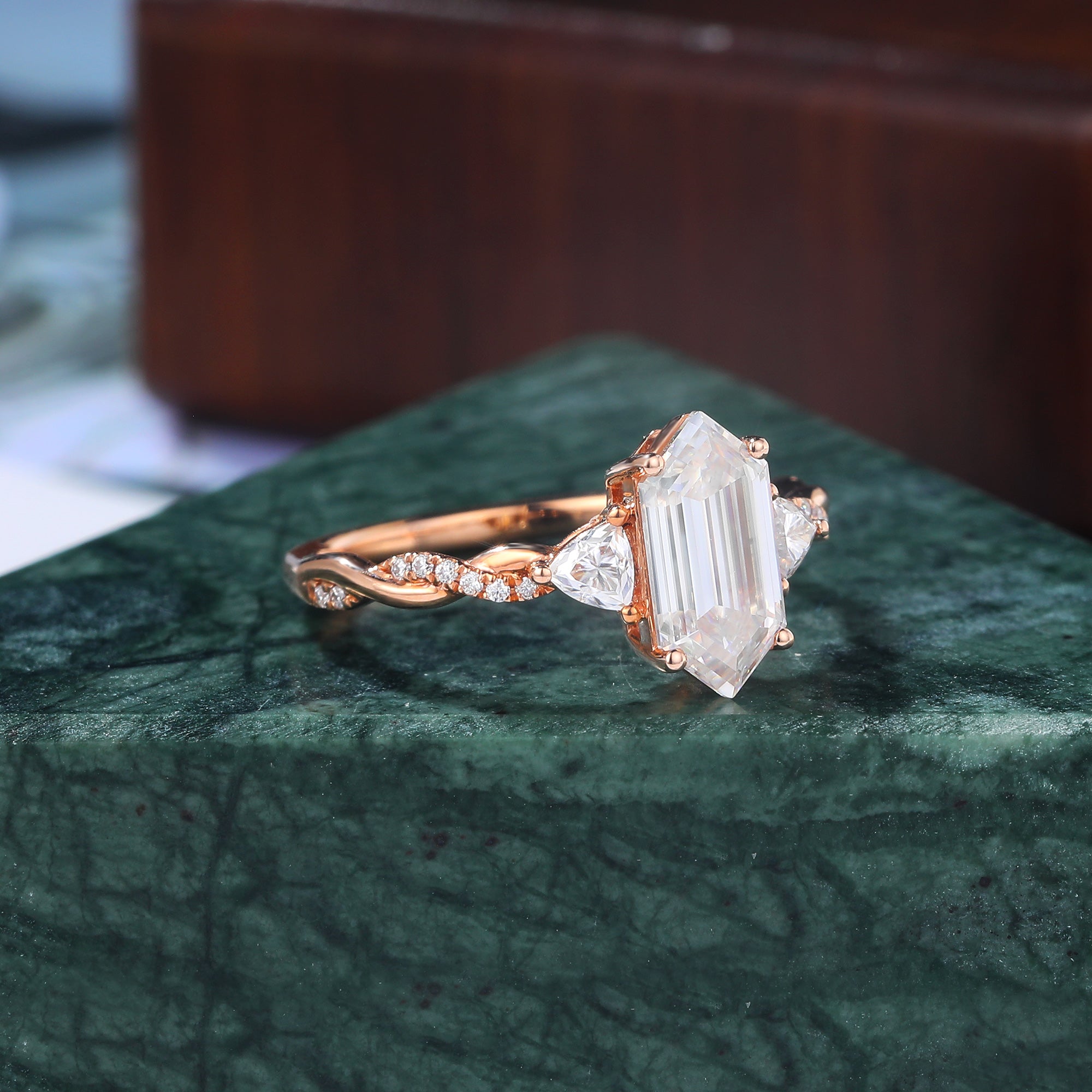 Long Hexagon cut moissanite rose gold engagement Ring. Unique bridal ring  S925/10k/14k/18k