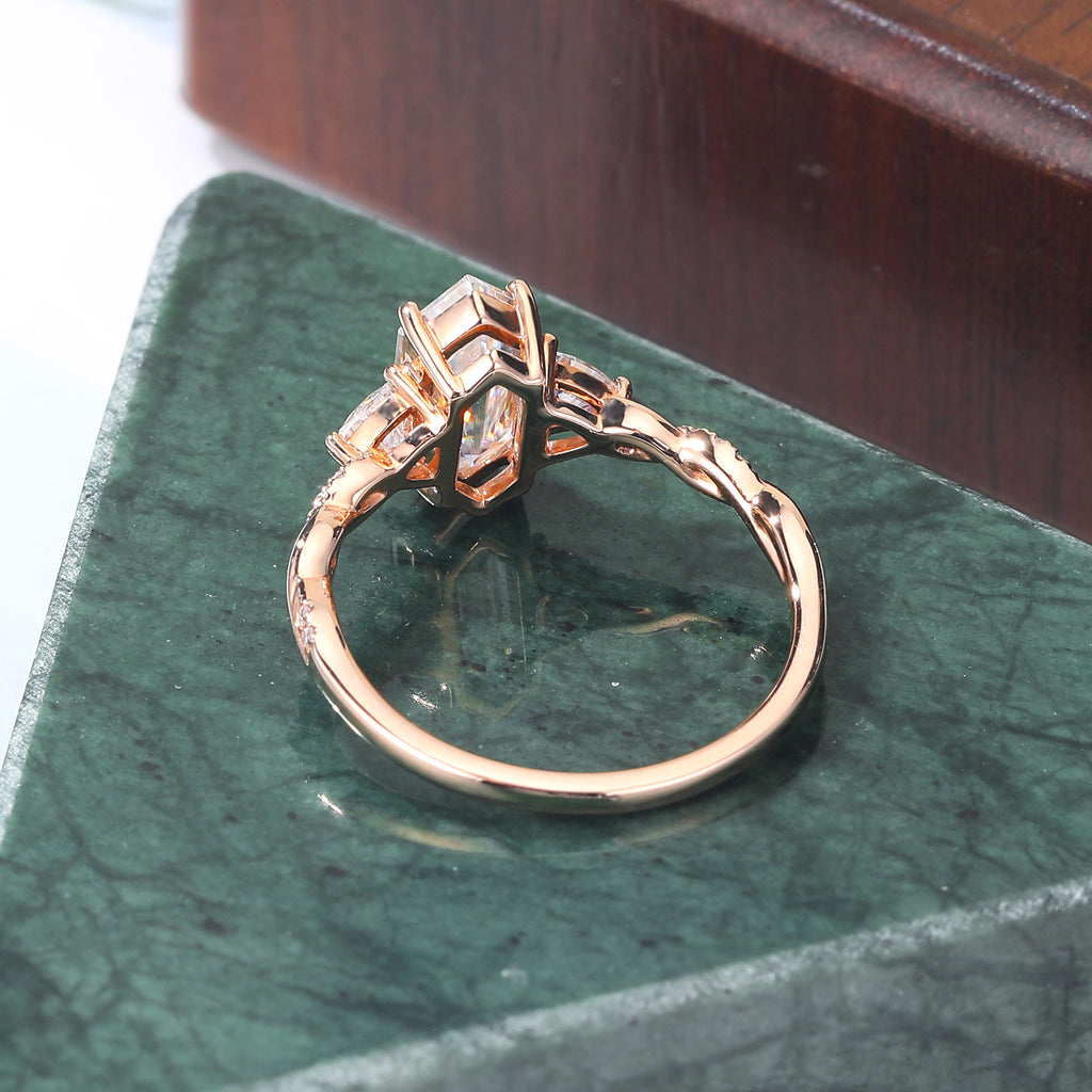 Long Hexagon cut moissanite rose gold engagement Ring. Unique bridal ring  S925/10k/14k/18k