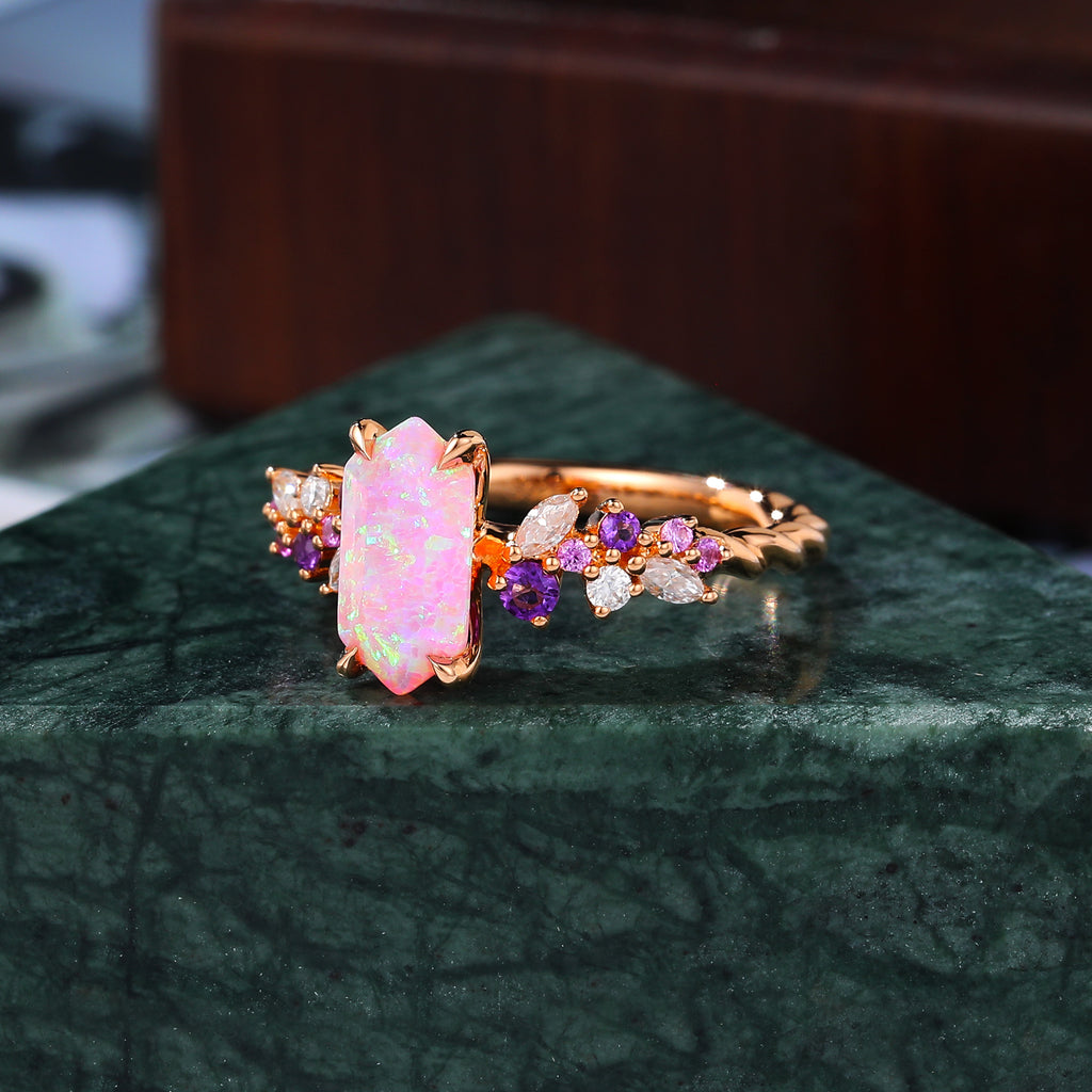 Long hexagon Lab Pink Opal engagement ring S925/10k/14k/18k gold , rose/white/yellow gold