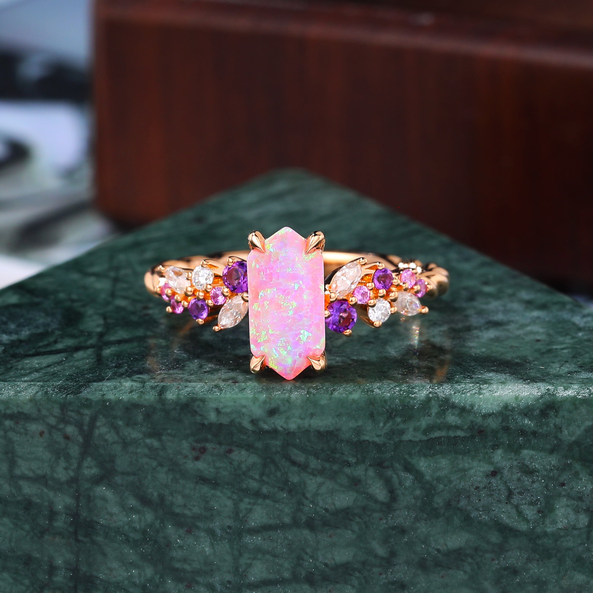 Long hexagon Lab Pink Opal engagement ring S925/10k/14k/18k gold , rose/white/yellow gold