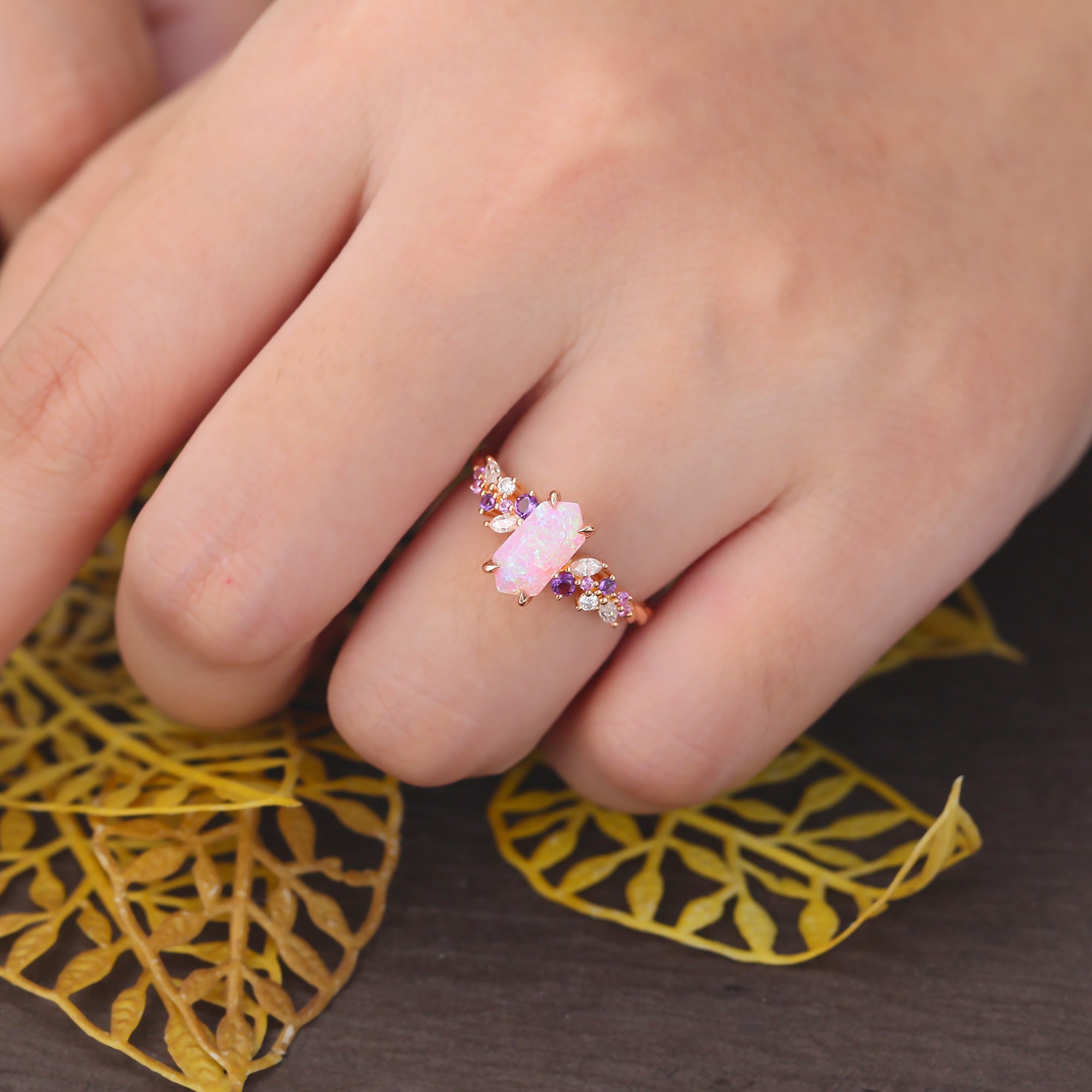 Long hexagon Lab Pink Opal engagement ring S925/10k/14k/18k gold , rose/white/yellow gold