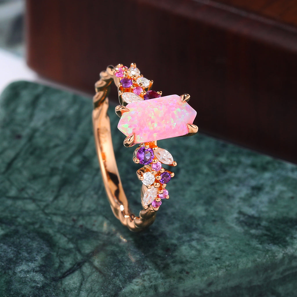 Long hexagon Lab Pink Opal engagement ring S925/10k/14k/18k gold , rose/white/yellow gold