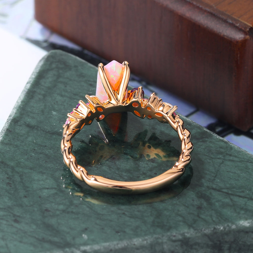 Long hexagon Lab Pink Opal engagement ring S925/10k/14k/18k gold , rose/white/yellow gold