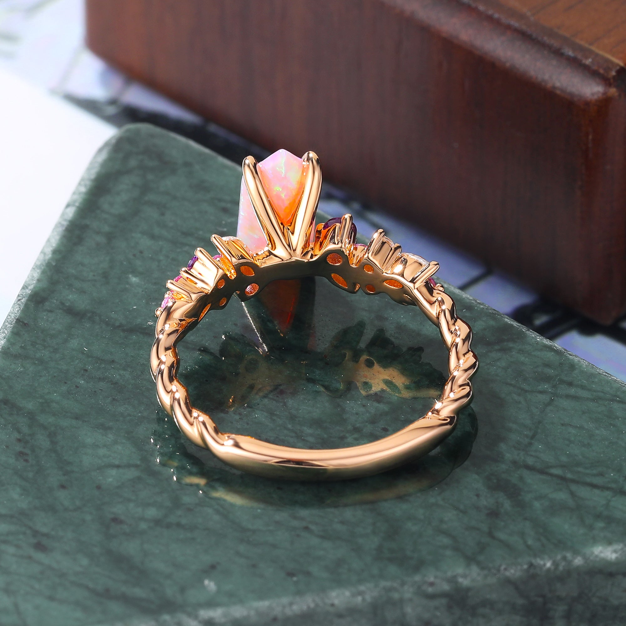 Long hexagon Lab Pink Opal engagement ring S925/10k/14k/18k gold , rose/white/yellow gold