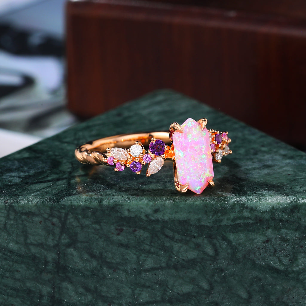 Long hexagon Lab Pink Opal engagement ring S925/10k/14k/18k gold , rose/white/yellow gold