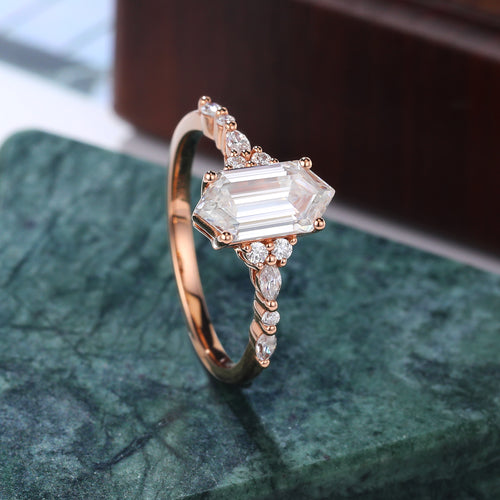 1.3ct Long hexagon Lab-grown Diamond engagement ring vintage rose gold ring. 10k/14/18/silver ring prong set anniversary promise bridal ring