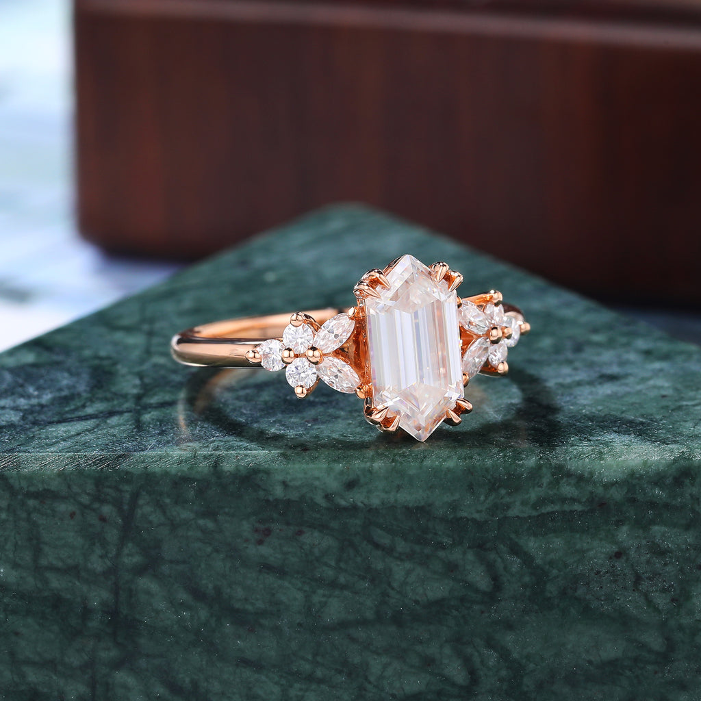 1.4ct Long hexagon Lab-grown Diamond engagement ring vintage 10k/14k/18k rose gold ring anniversary promise bridal ring