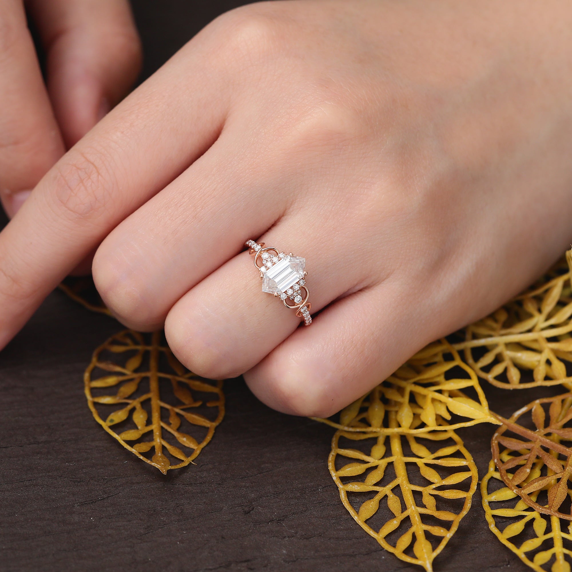 1.3ct Long hexagonal Lab-grown Diamond rose gold engagement ring anniversary gift S925/10k/14k/18k