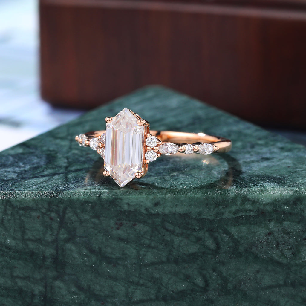 1.3ct Long hexagon Lab-grown Diamond engagement ring vintage rose gold ring. 10k/14/18/silver ring prong set anniversary promise bridal ring