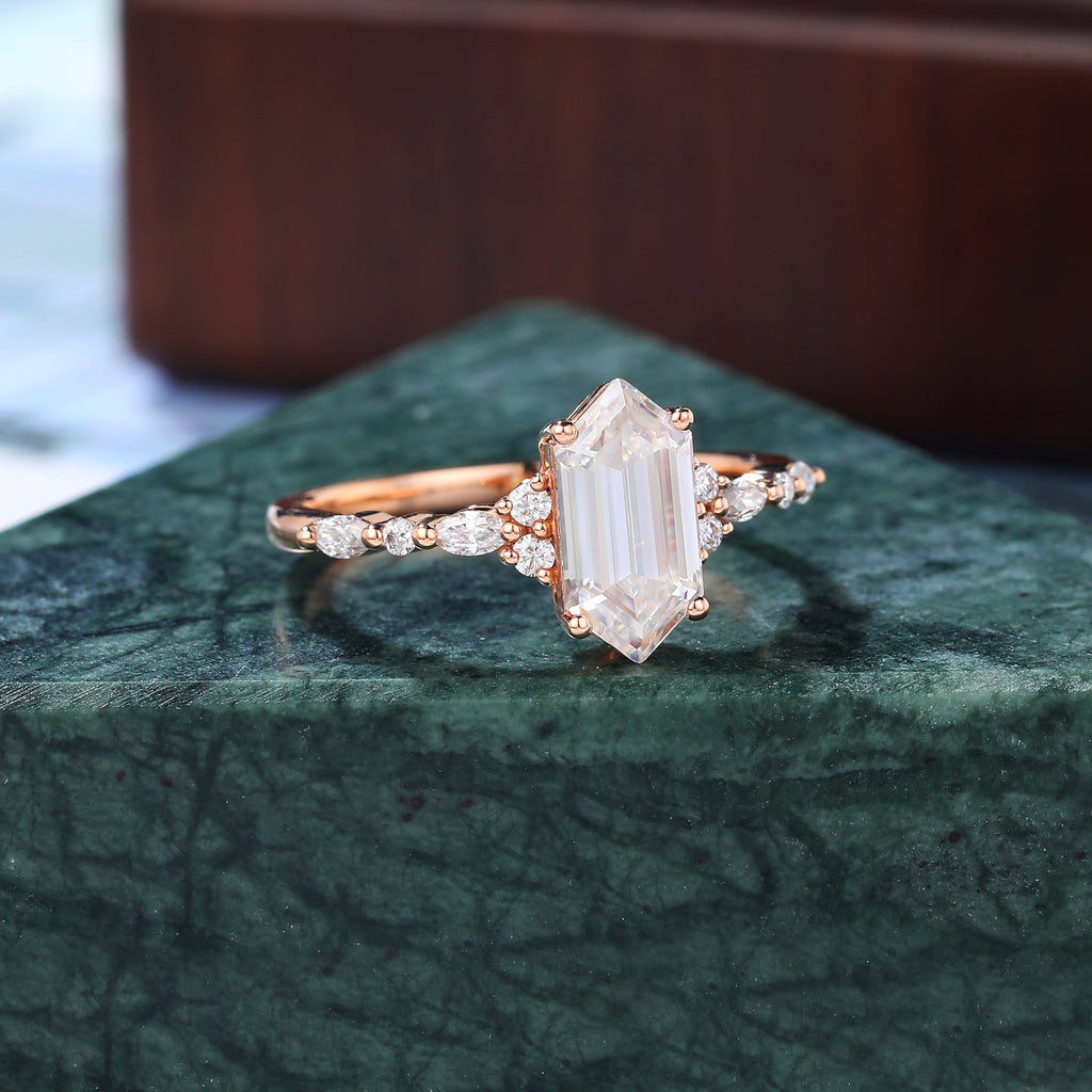 1.3ct Long hexagon Lab-grown Diamond engagement ring vintage rose gold ring. 10k/14/18/silver ring prong set anniversary promise bridal ring