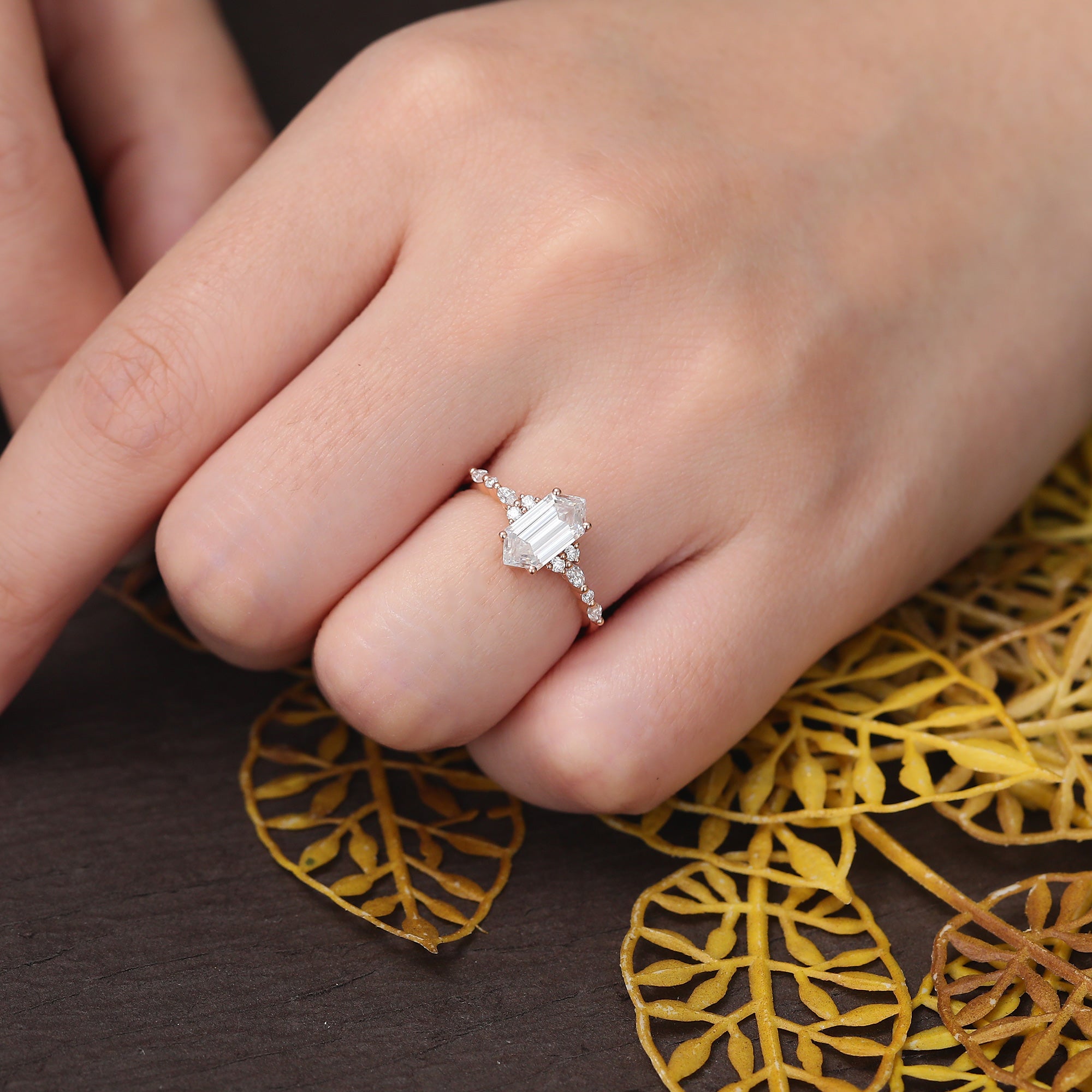 1.3ct Long hexagon Lab-grown Diamond engagement ring vintage rose gold ring. 10k/14/18/silver ring prong set anniversary promise bridal ring