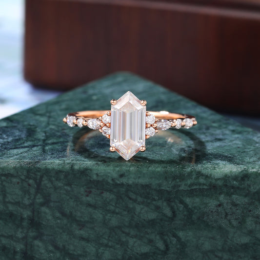 1.3ct Long hexagon Lab-grown Diamond engagement ring vintage rose gold ring. 10k/14/18/silver ring prong set anniversary promise bridal ring