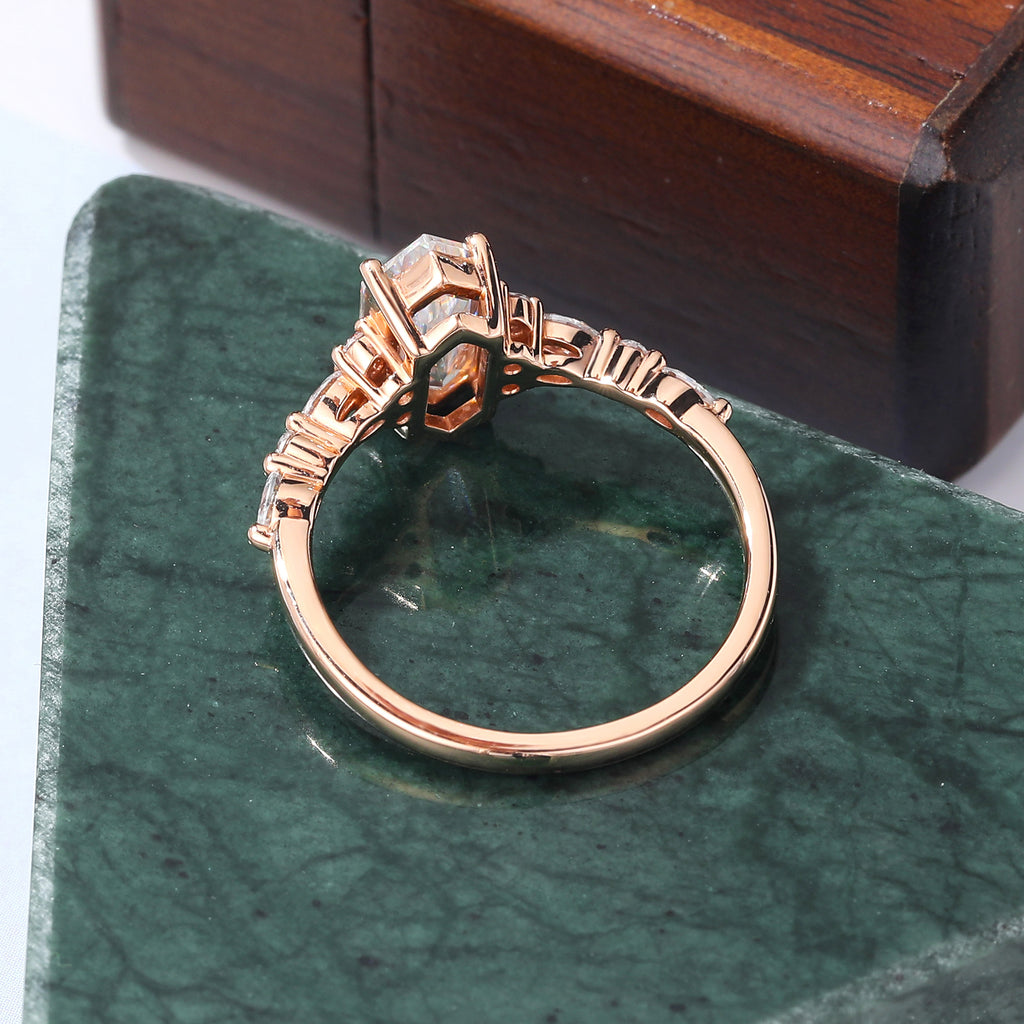 1.3ct Long hexagon Lab-grown Diamond engagement ring vintage rose gold ring. 10k/14/18/silver ring prong set anniversary promise bridal ring