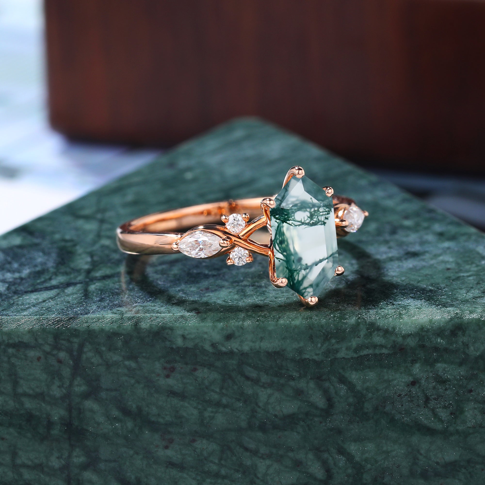 Long Hexagon cut Moss agate engagement ring S925/10k/14k/18k gold , unique bridal ring rose/white/yellow gold