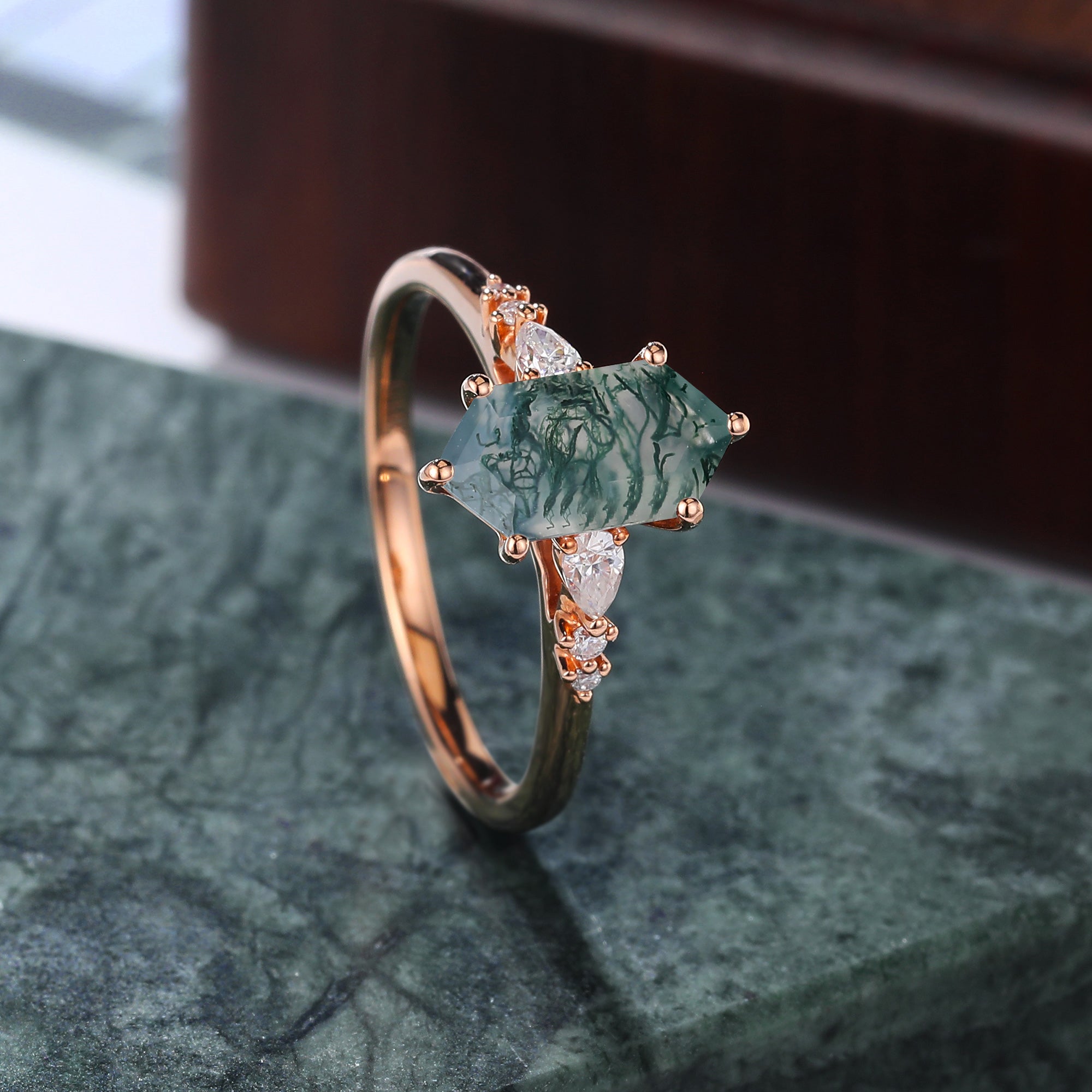 Long Hexagon cut Moss agate rose gold engagement ring S925/10k/14k/18k