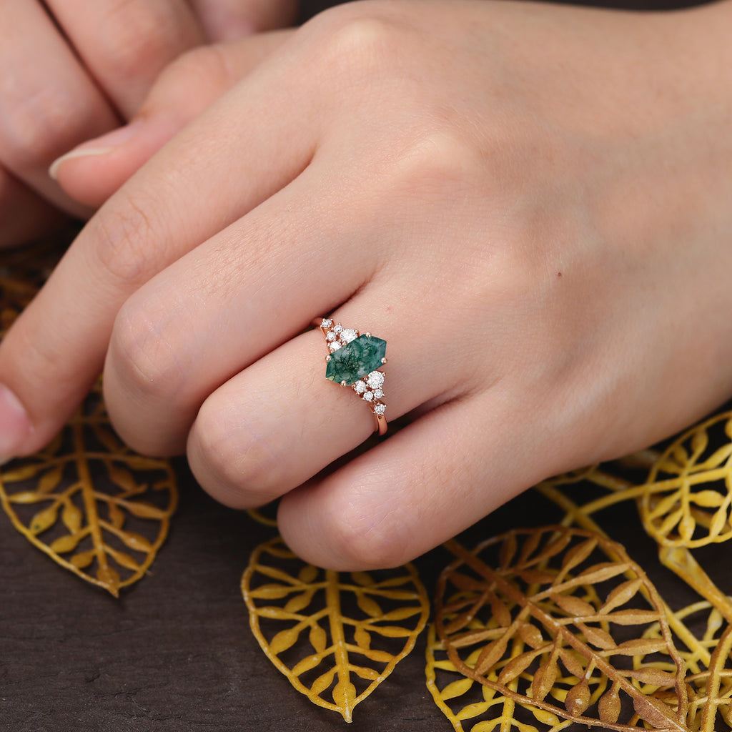 Long Hexagon Moss agate engagement ring 925silver/10k/14k/18k gold