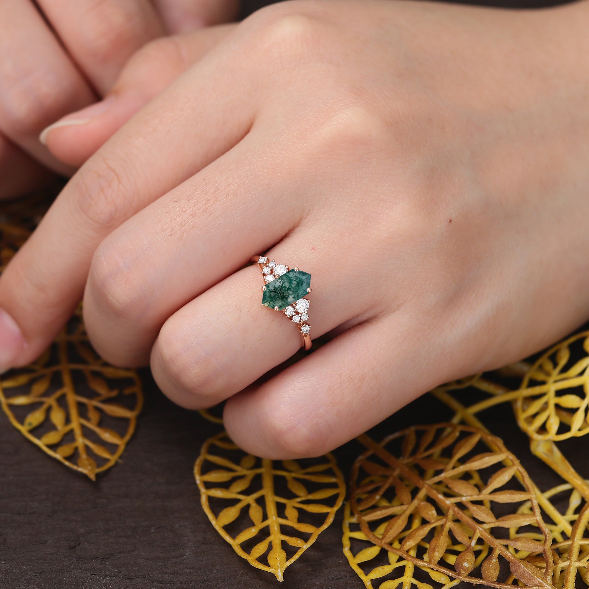 Long Hexagon Moss agate engagement ring 925silver/10k/14k/18k gold