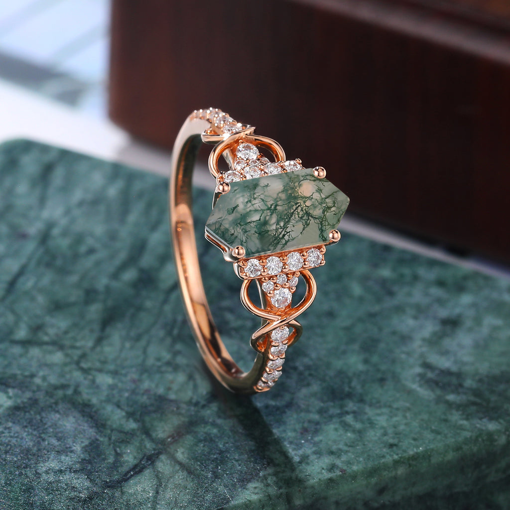 Long hexagon cut Moss agate engagement ring S925/10k/14k/18k
