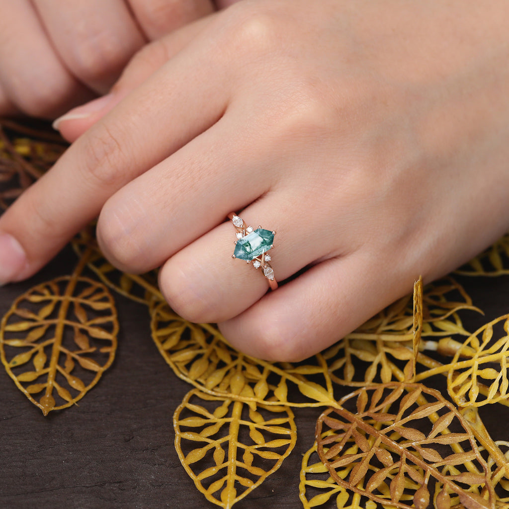 Long Hexagon cut Moss agate engagement ring S925/10k/14k/18k gold , unique bridal ring rose/white/yellow gold