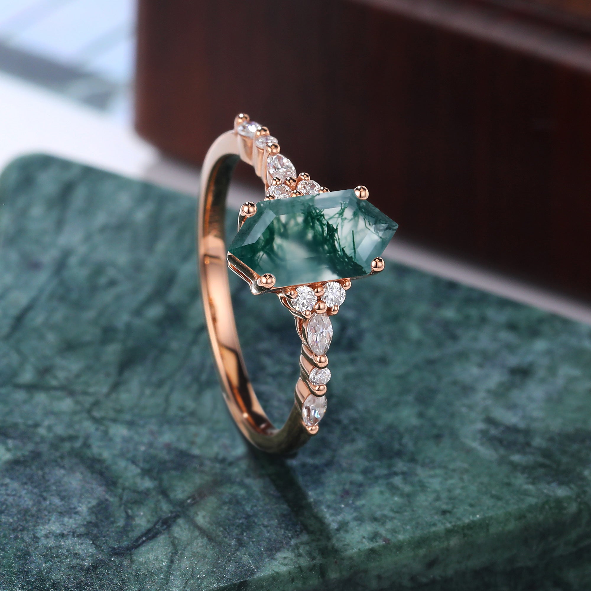 Long hexagon cut Moss agate engagement ring S925/10k/14k/18k gold , unique bridal ring rose/white/yellow gold