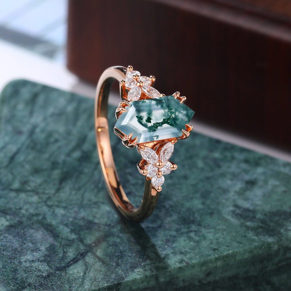 Long hexagon cut Moss agate yellow gold engagement ring S925/10k/14k/18k, rose/white/yellow gold