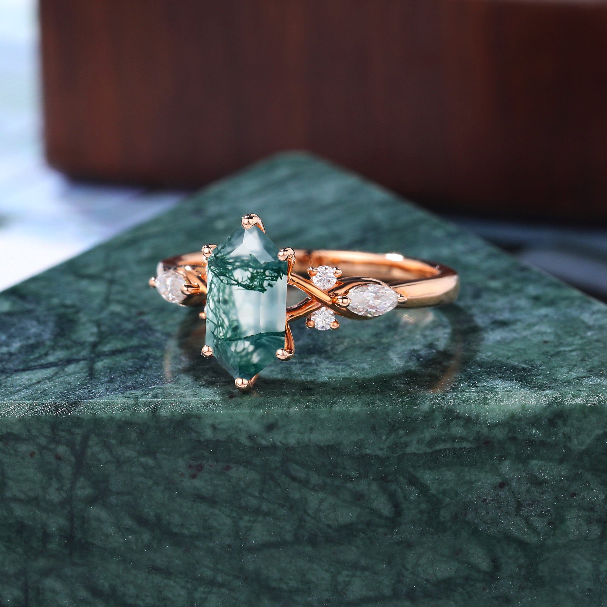 Long Hexagon cut Moss agate engagement ring S925/10k/14k/18k gold , unique bridal ring rose/white/yellow gold