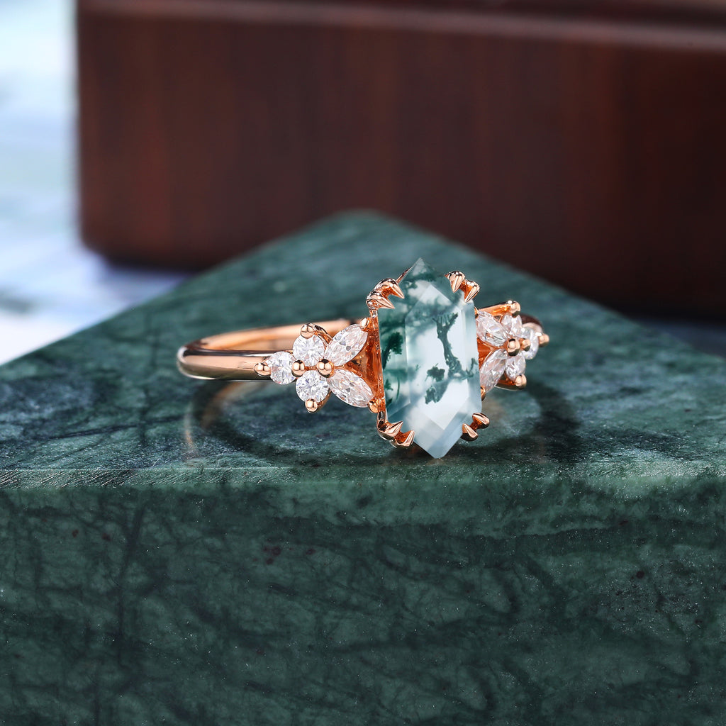 Long hexagon cut Moss agate yellow gold engagement ring S925/10k/14k/18k, rose/white/yellow gold