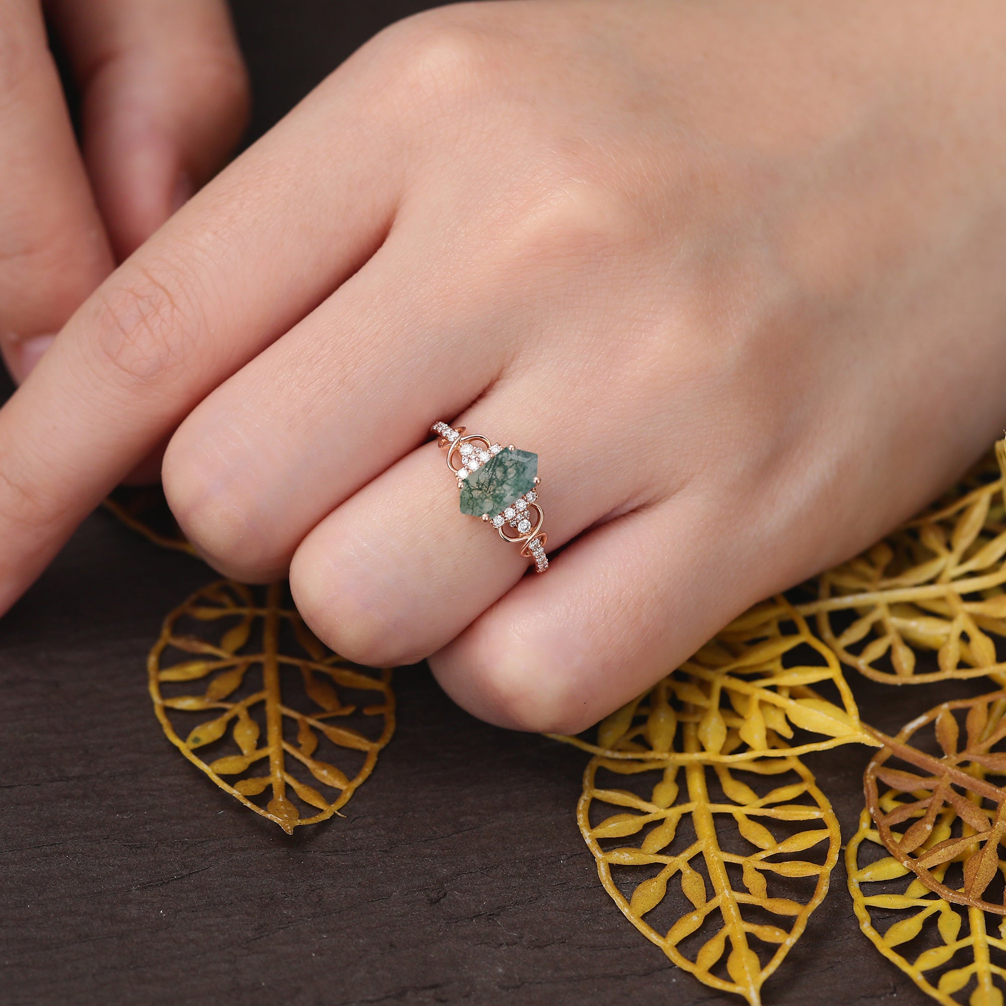 Long hexagon cut Moss agate engagement ring S925/10k/14k/18k