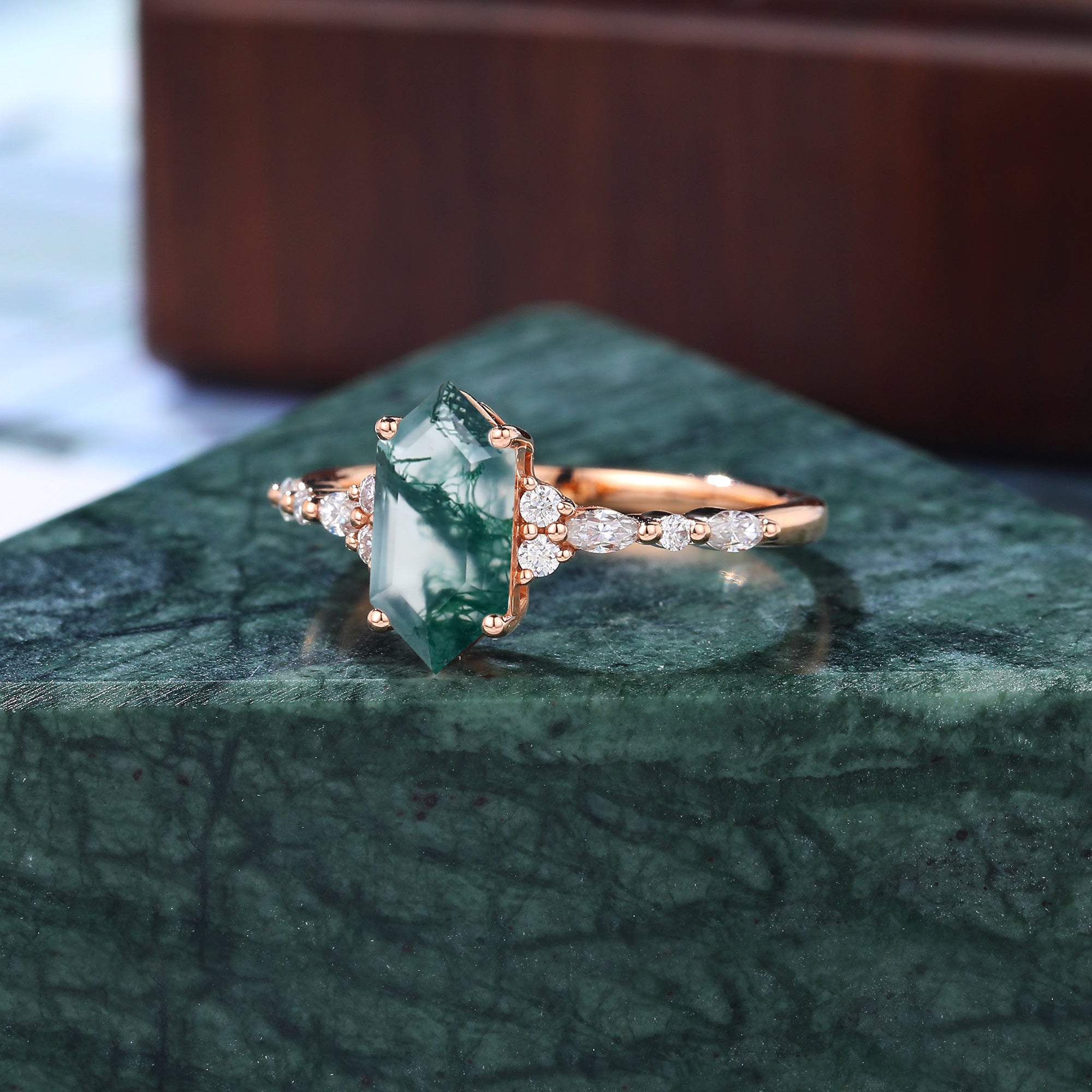 Long hexagon cut Moss agate engagement ring S925/10k/14k/18k gold , unique bridal ring rose/white/yellow gold