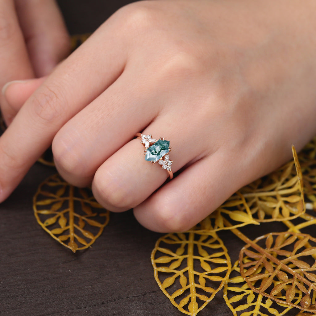 Long hexagon cut Moss agate yellow gold engagement ring S925/10k/14k/18k, rose/white/yellow gold