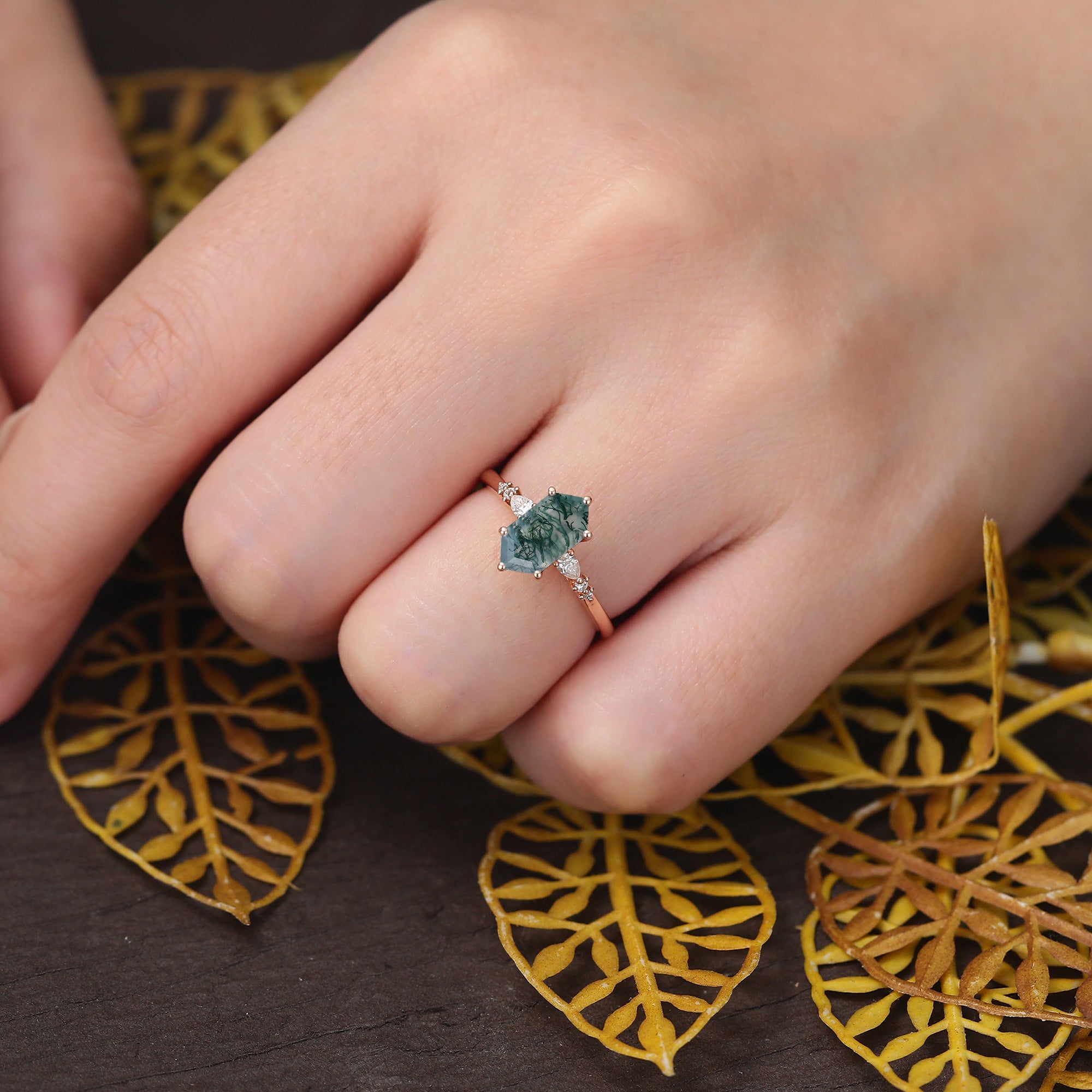 Long Hexagon cut Moss agate rose gold engagement ring S925/10k/14k/18k