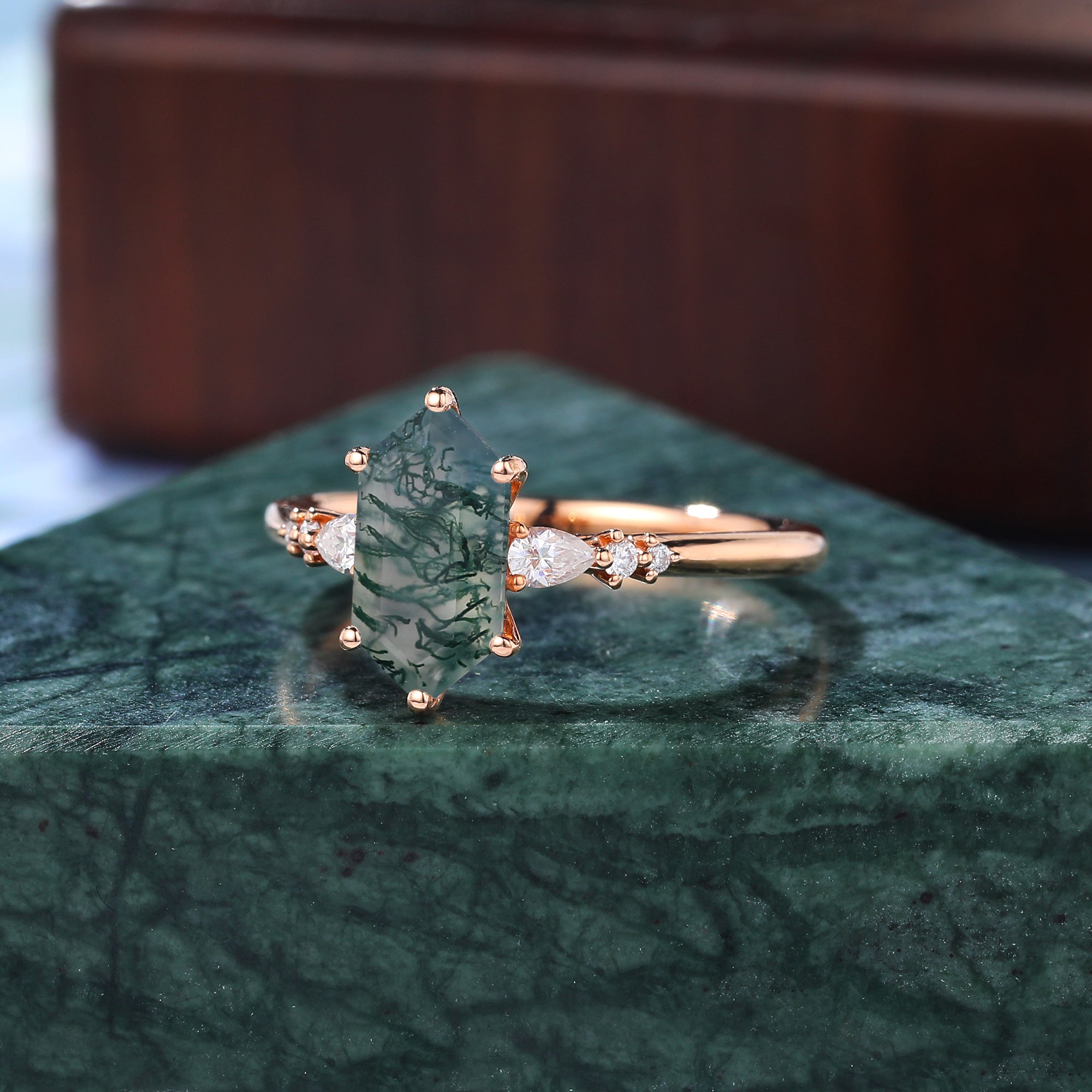 Long Hexagon cut Moss agate rose gold engagement ring S925/10k/14k/18k