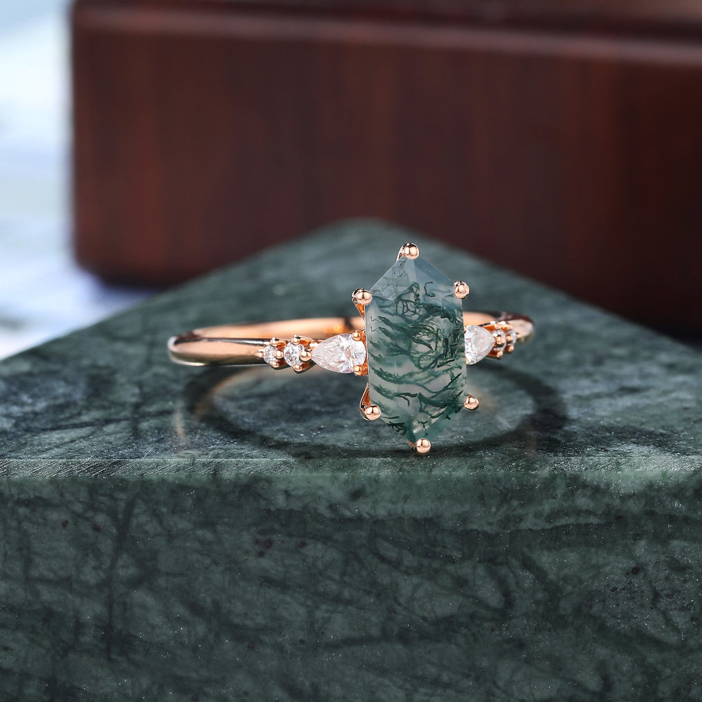 Long Hexagon cut Moss agate rose gold engagement ring S925/10k/14k/18k