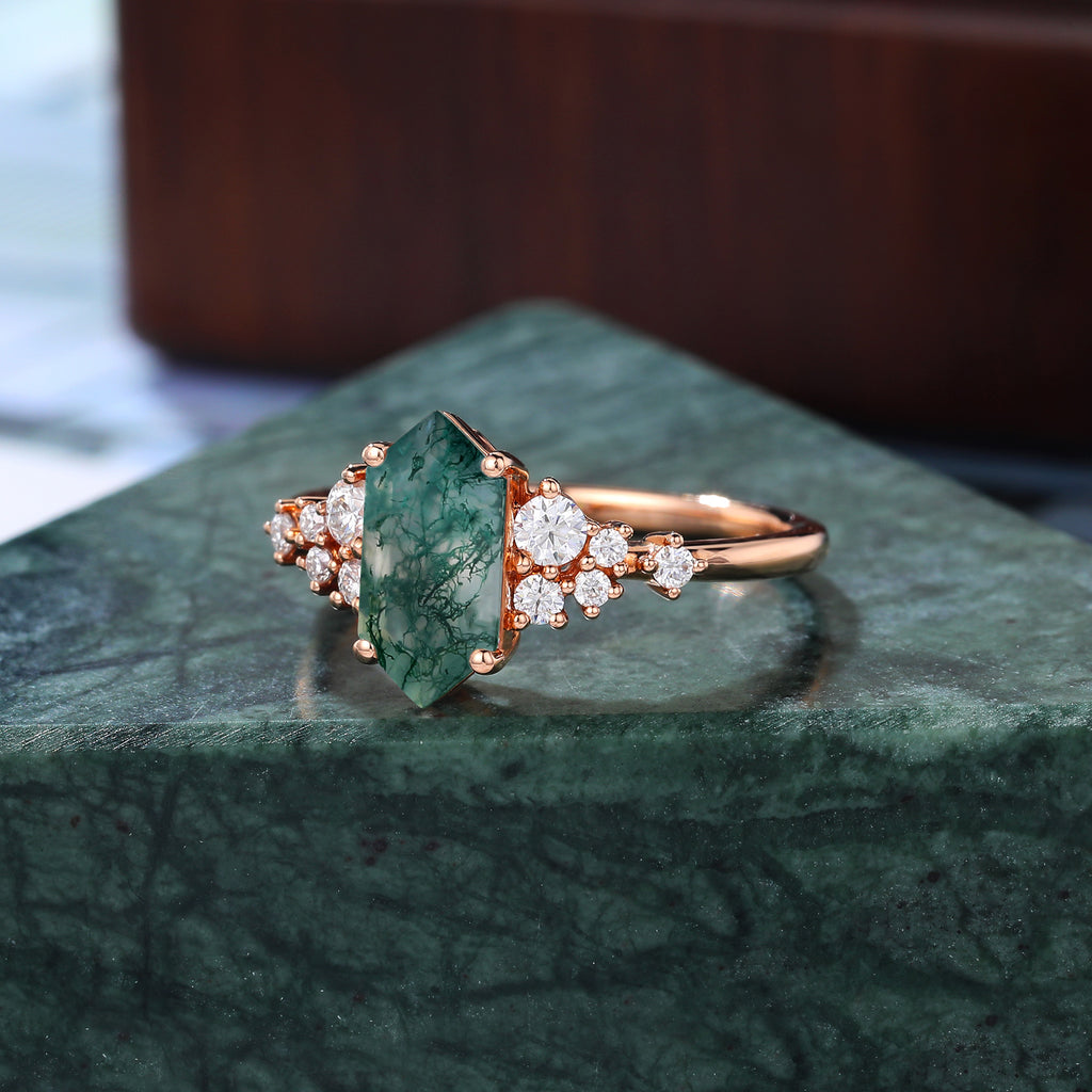 Long Hexagon Moss agate engagement ring 925silver/10k/14k/18k gold