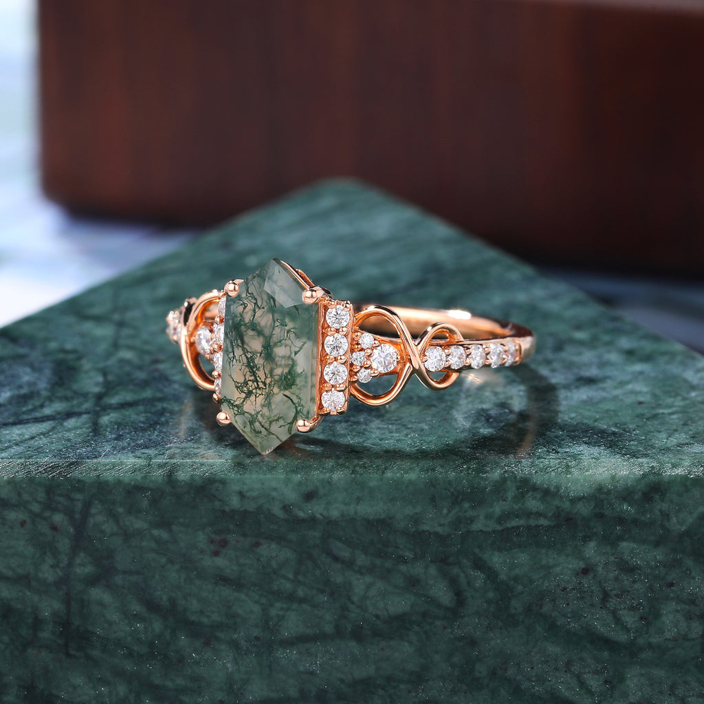 Long hexagon cut Moss agate engagement ring S925/10k/14k/18k