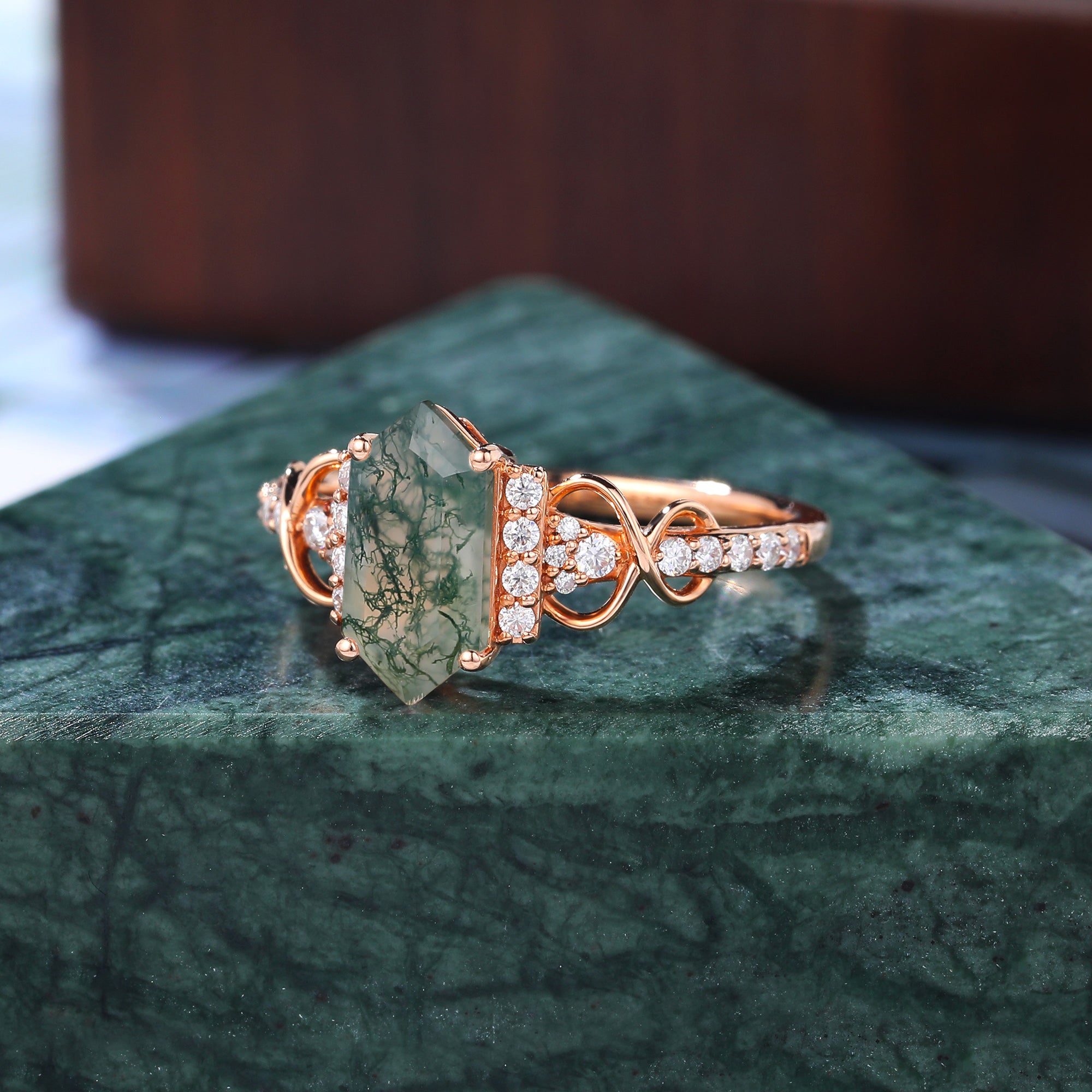 Long hexagon cut Moss agate engagement ring S925/10k/14k/18k